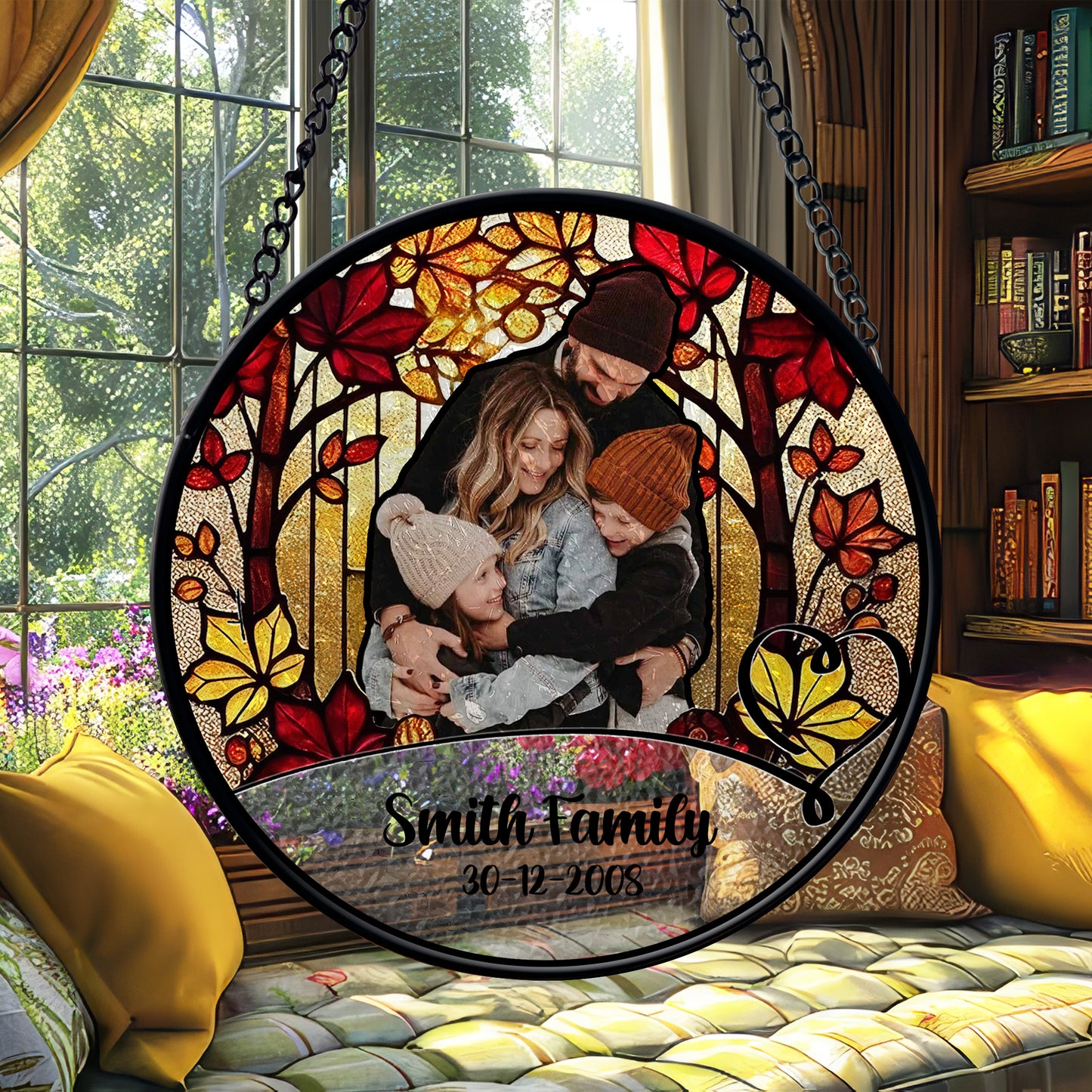 Personalized Family Photo Glass Suncatcher β Custom Stained Glass Window Hanging with Name and Date β Fall Tree Theme Gift for Family (Sun-85)
