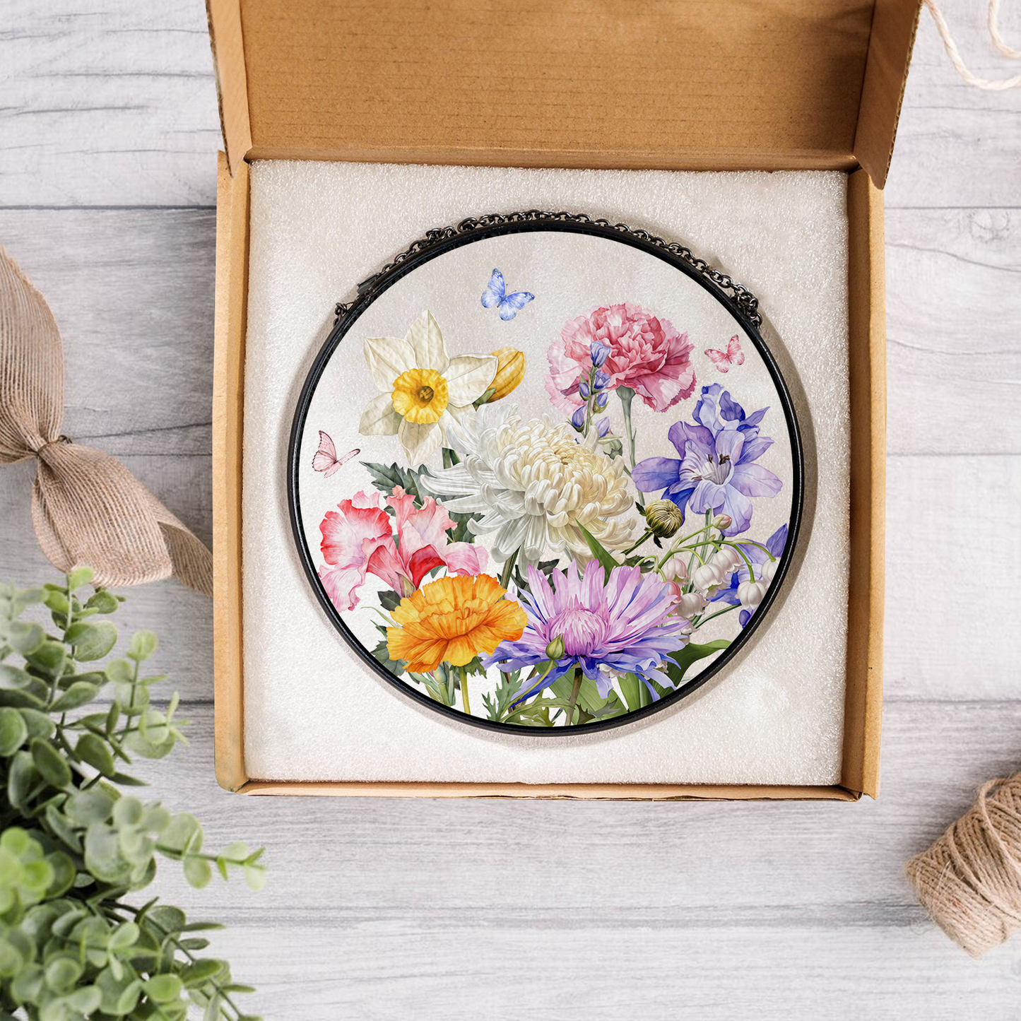 Delicate Floral Glass Suncatcher β Blooming Botanical Window Hanging with Butterflies β Elegant Nature-Inspired Gift for Mom or Grandma (Sun-100)