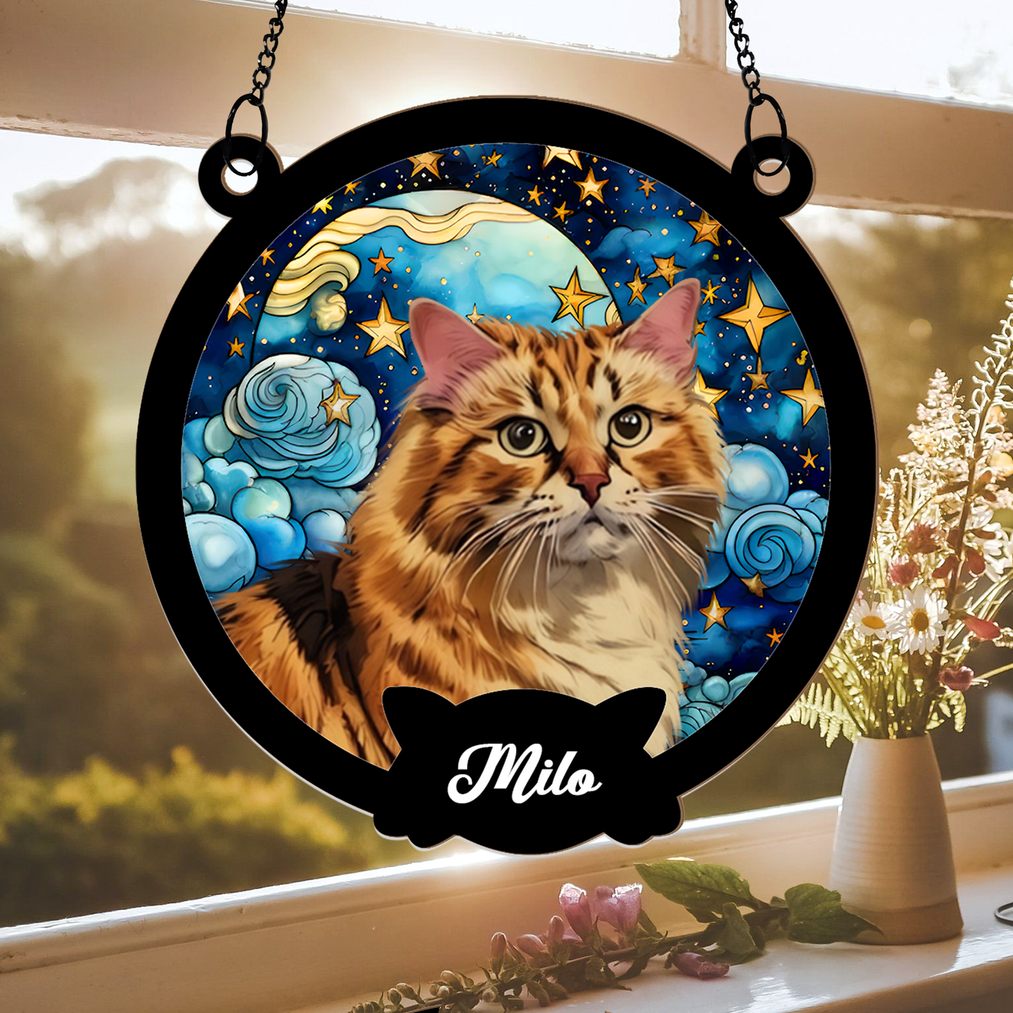 Personalized Cat Portrait Suncatcher β Custom Starry Sky Window Hanging with Pet Photo and Name β Gift for Cat Lovers and Pet Owners (H-Sun-21)