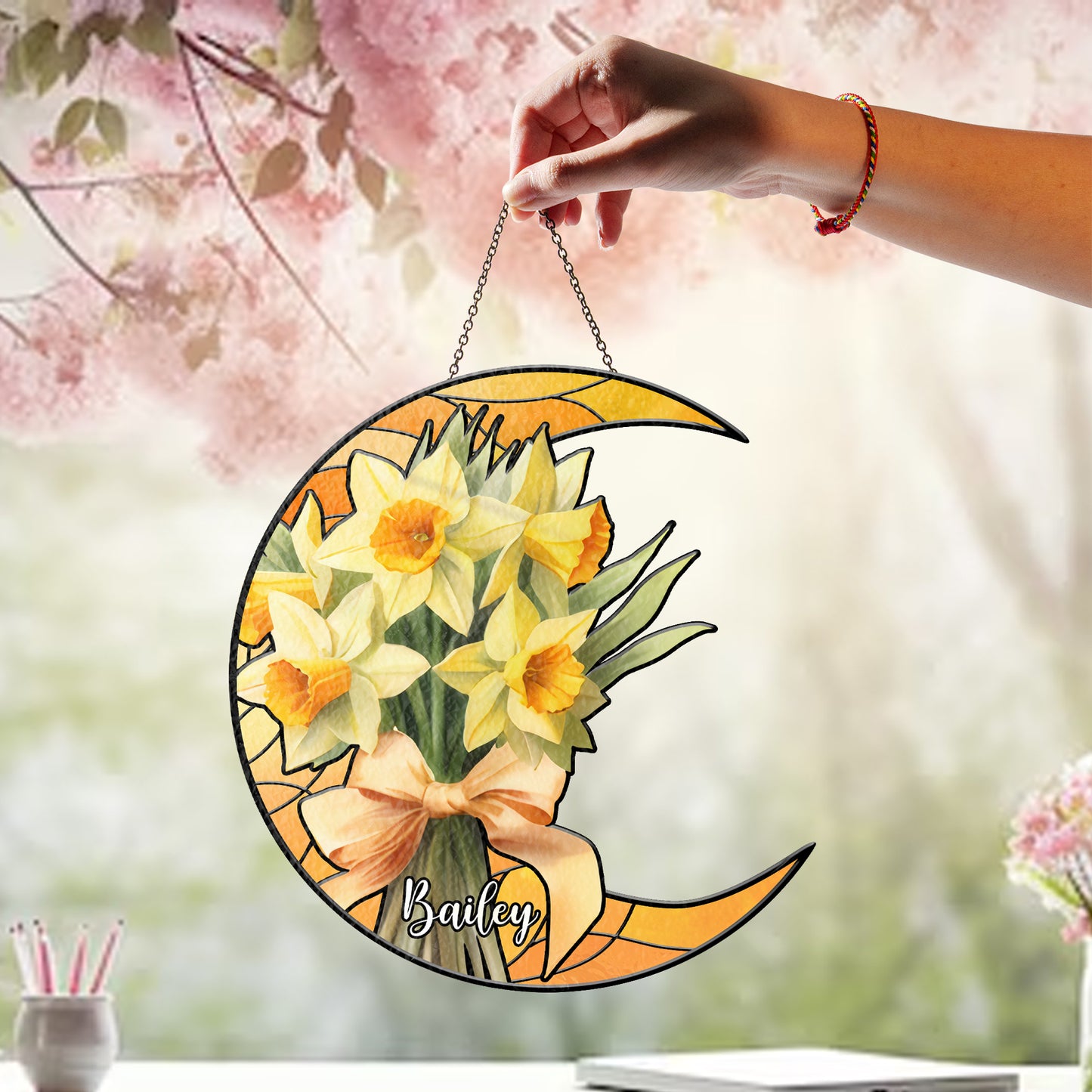 Custom Crescent Moon Glass Suncatcher with Personalized Birth Flowers and Name β Unique Window Decor and Gift for Mother, Mimi, or Nana (Sun-78)