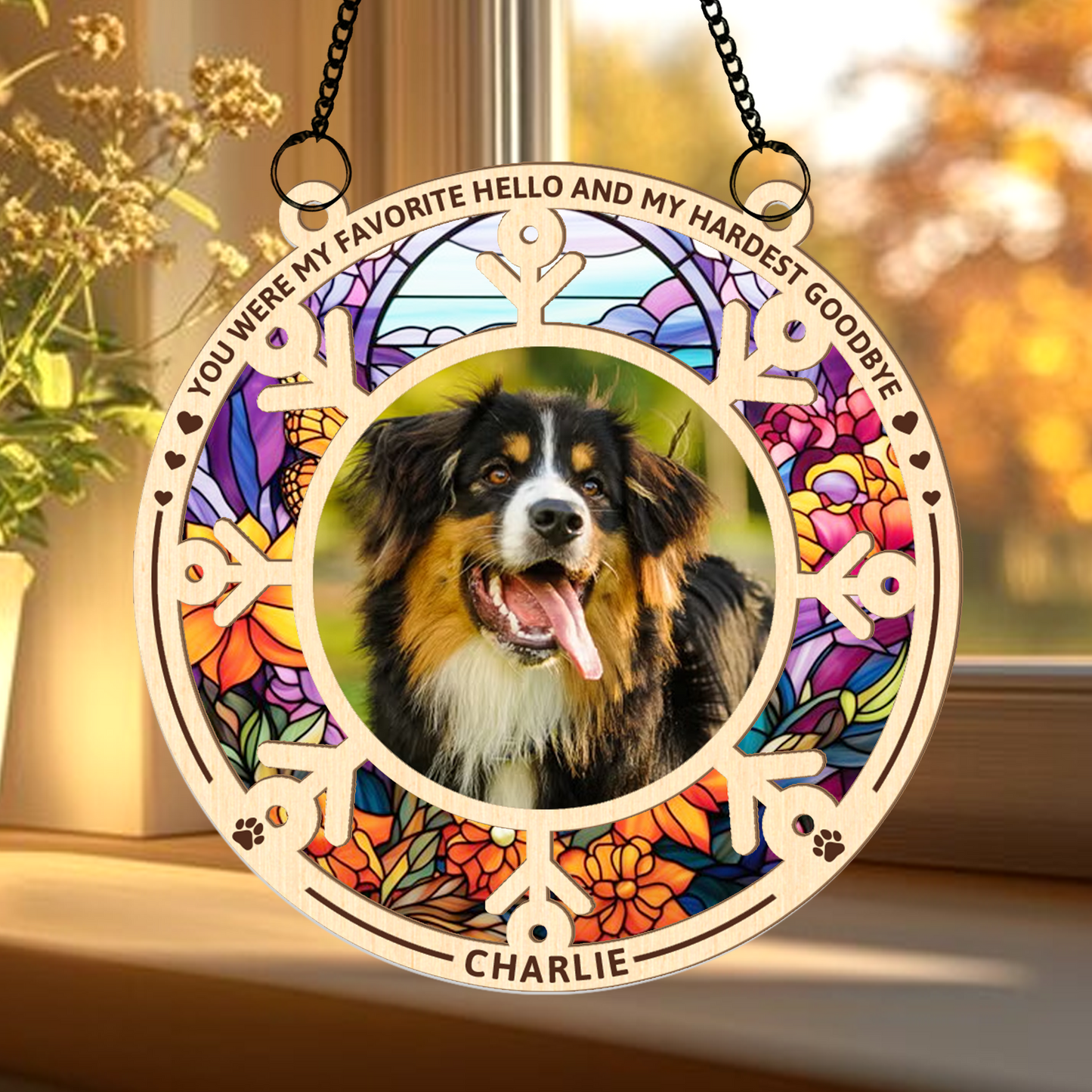 Pet Memorial Hanging Suncatcher with Photo and Name β Personalized Rainbow Bridge Remembrance Gift for Dog or Cat Loss (H-Sun-29)