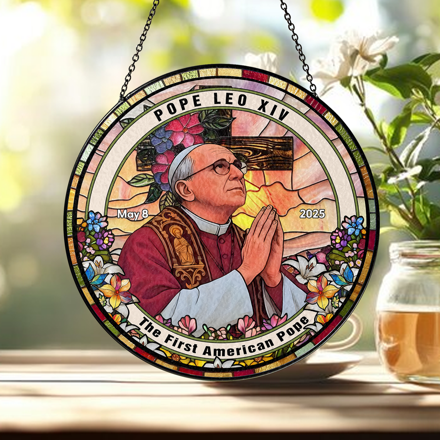 The First American Pope Glass Suncatcher – Pope Leo XIV Memorial Ornament – Christian Home Decor (Sun-98)