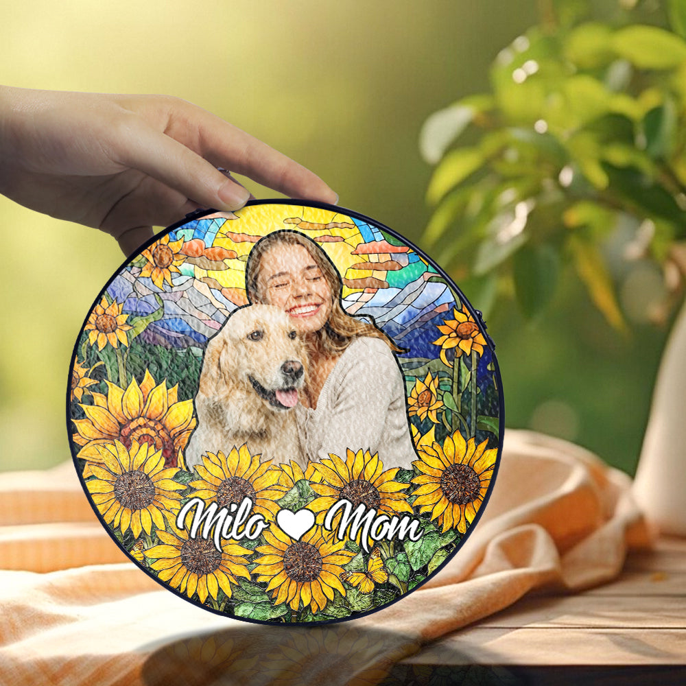 Custom Glass Suncatcher Featuring Pet and Owner β A Personalized Sunlit Tribute for Remembering a Beloved Furry Companion (Sun-68)