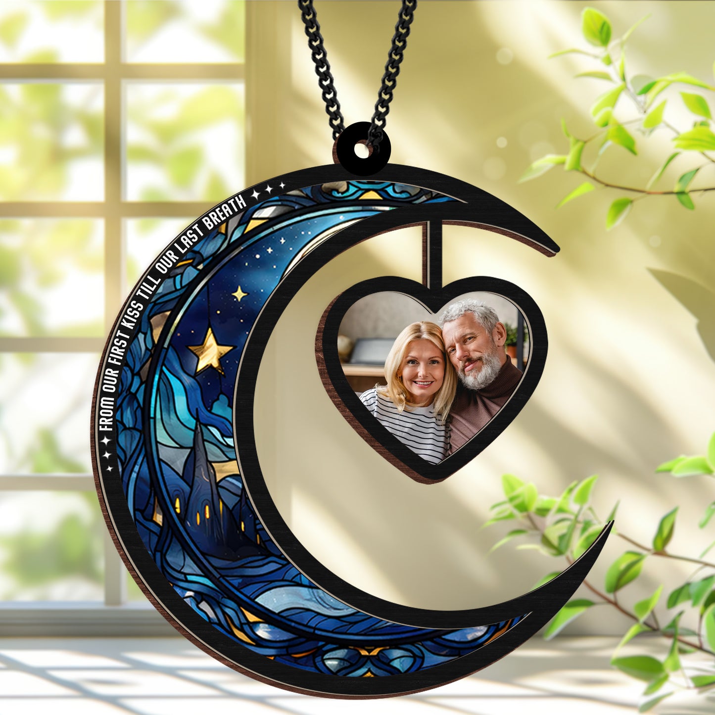 Personalized Hanging Suncatcher Moon and Heart β Custom Couple Photo Ornament β Romantic Stained Hanging Gift (Sun-105)