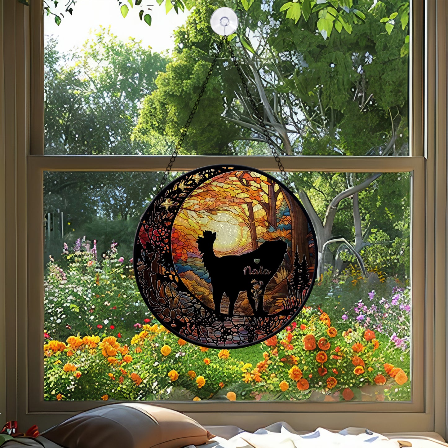 Handmade Personalized Dog Glass Suncatcher β Pet Face & Name Ornament, Stained Glass Style Gift for Dog Mom or Pet Loss Keepsake (Sun-86)