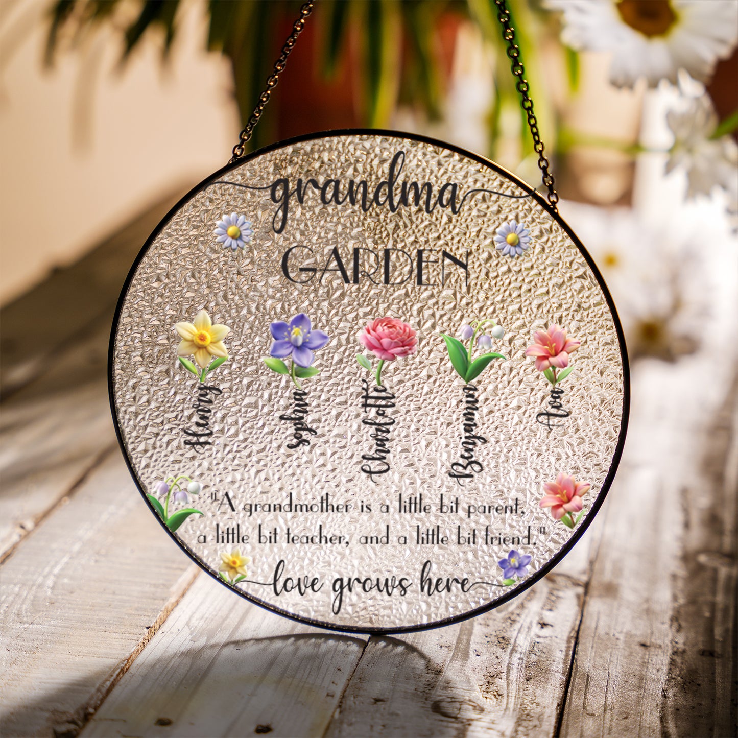 Grandma’s Garden Glass Suncatcher with Custom Names – Floral Window Hanging Sun Catcher – Mother's Day or Birthday Gift for Grandmother (Sun-101)