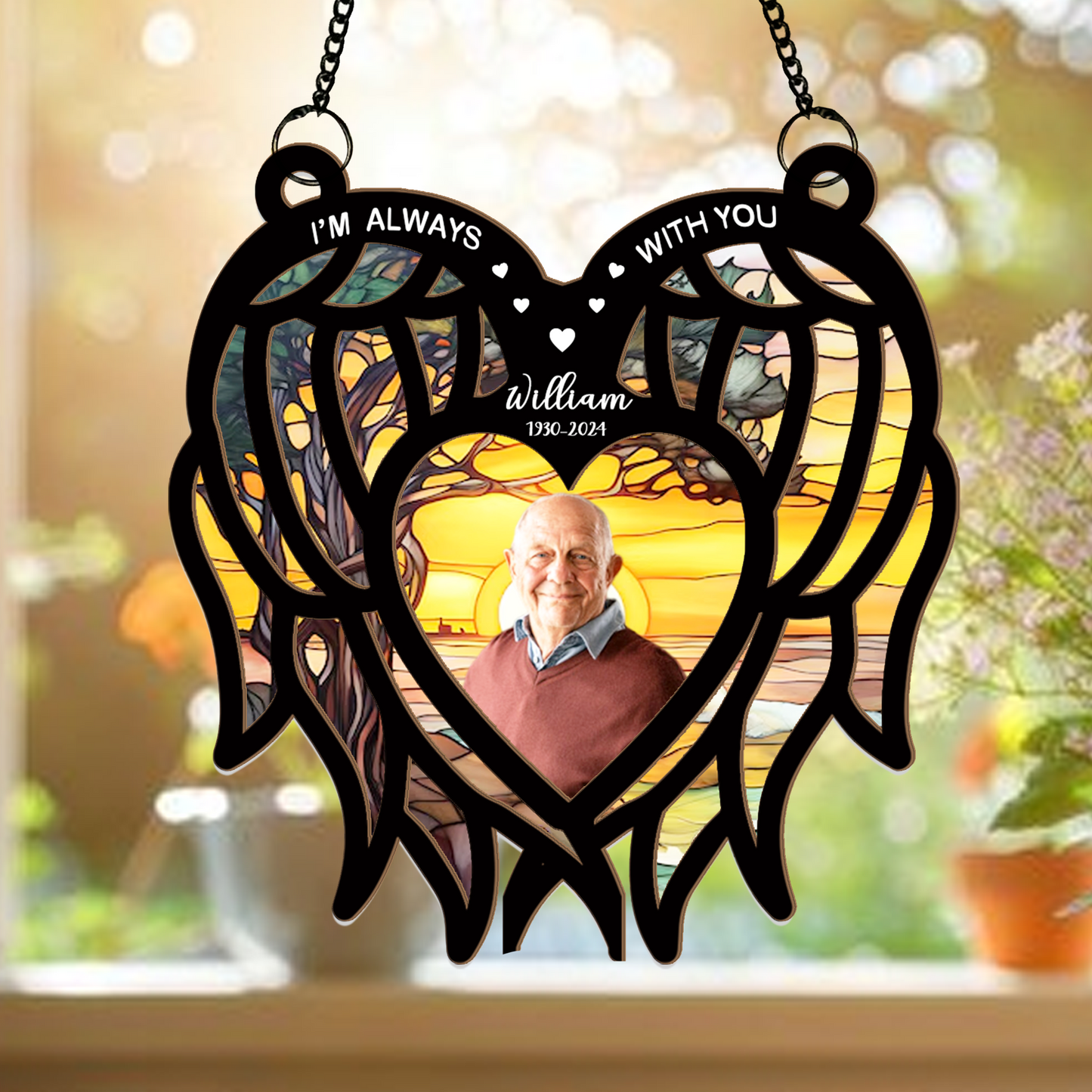 Personalized Memorial Hanging Suncatcher β Angel Wings Heart Design with Photo for Loss of Loved One (H-Sun-19)
