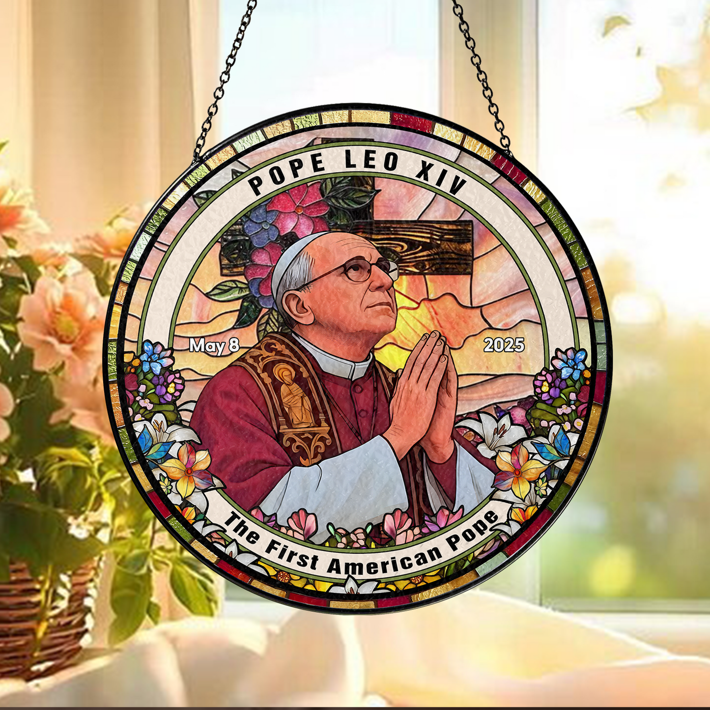 The First American Pope Glass Suncatcher – Pope Leo XIV Memorial Ornament – Christian Home Decor (Sun-98)