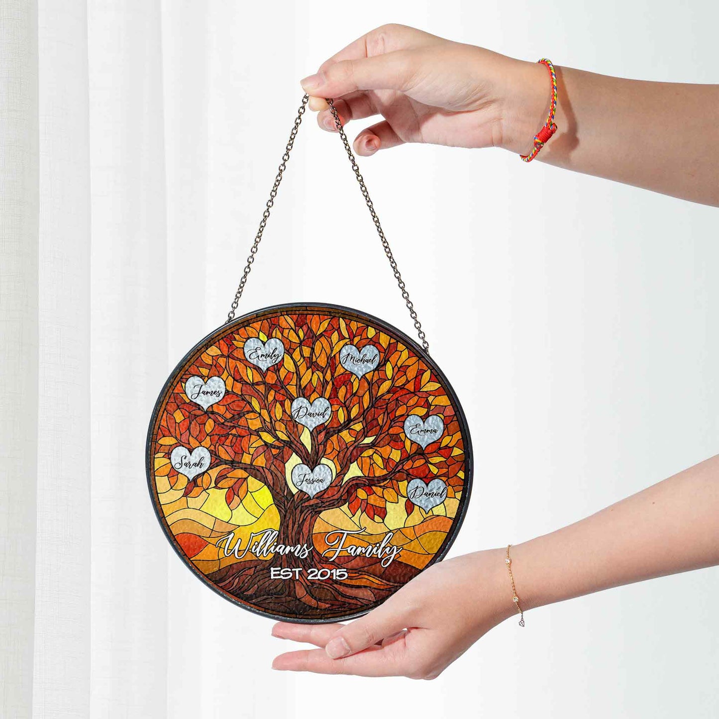 Custom Family Tree Glass Suncatcher β Personalized Stained Glass Style Window Hanging with Names & Established Year (Sun-109)