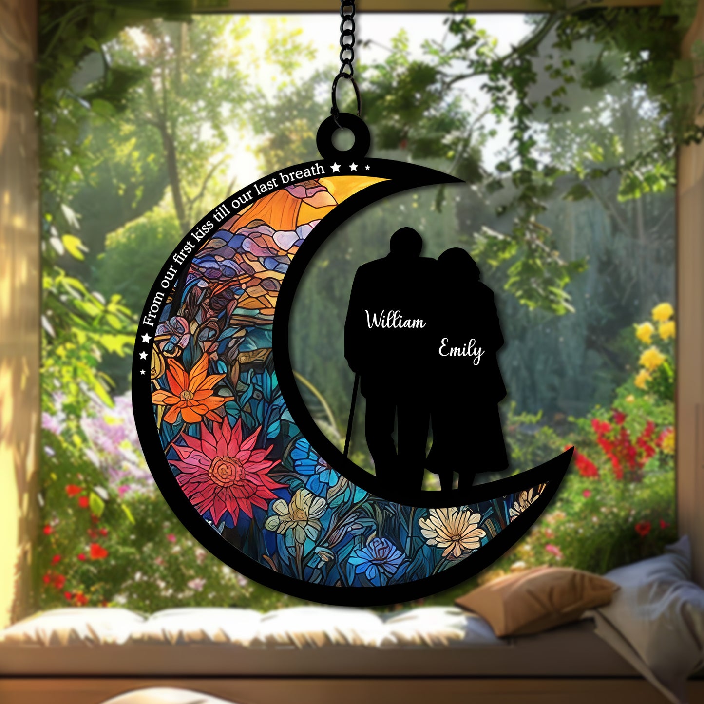 Personalized Couple Moon Suncatcher, Stained Glass Style Window Hanging, Custom Names Anniversary Gift, Romantic Crescent Moon Decor, Wedding Gift for Wife Husband (H-Sun-27)