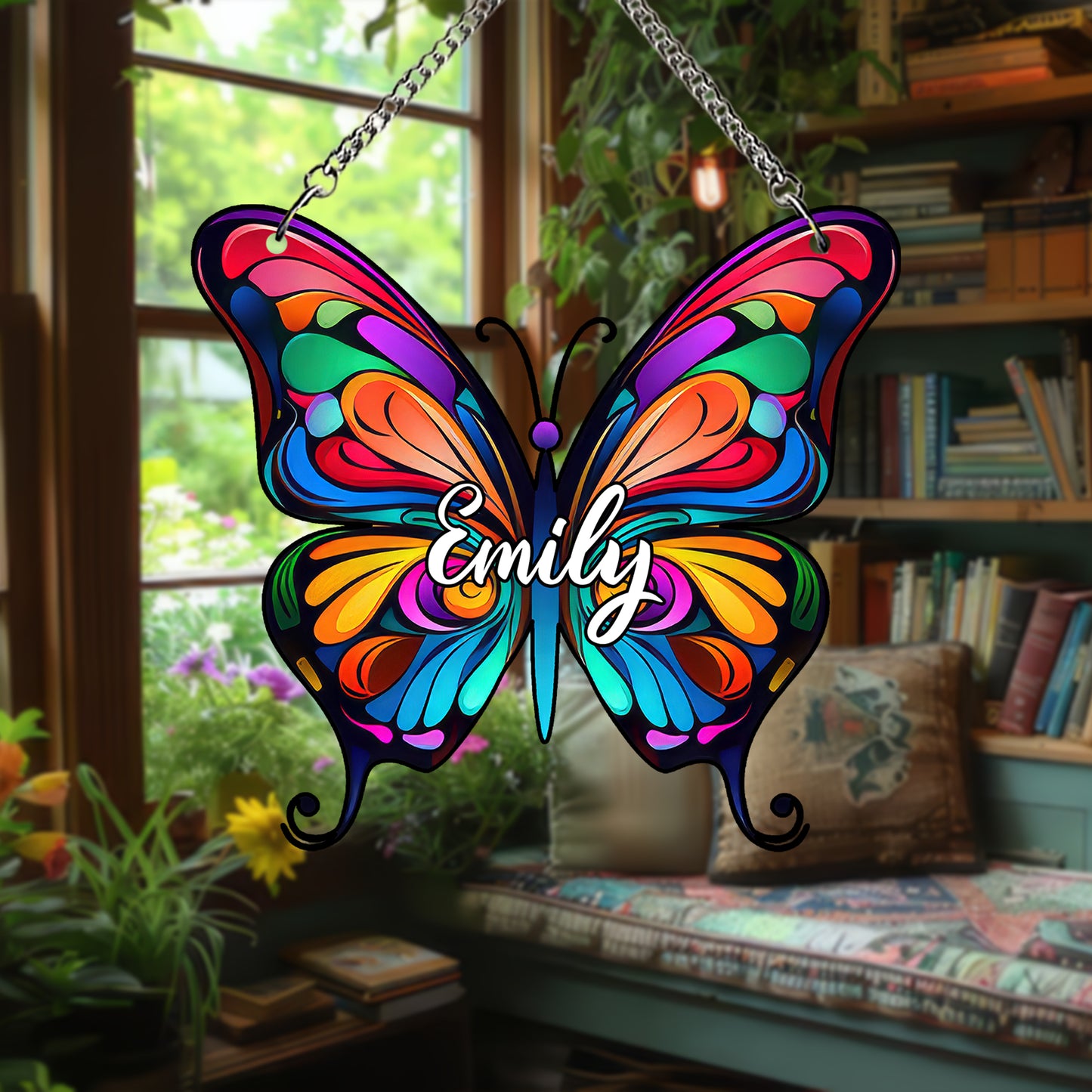 Personalized Butterfly Glass Suncatcher – Custom Name Window Hanging – Stained Glass Style Memorial or Gift for Her (Sun-91)