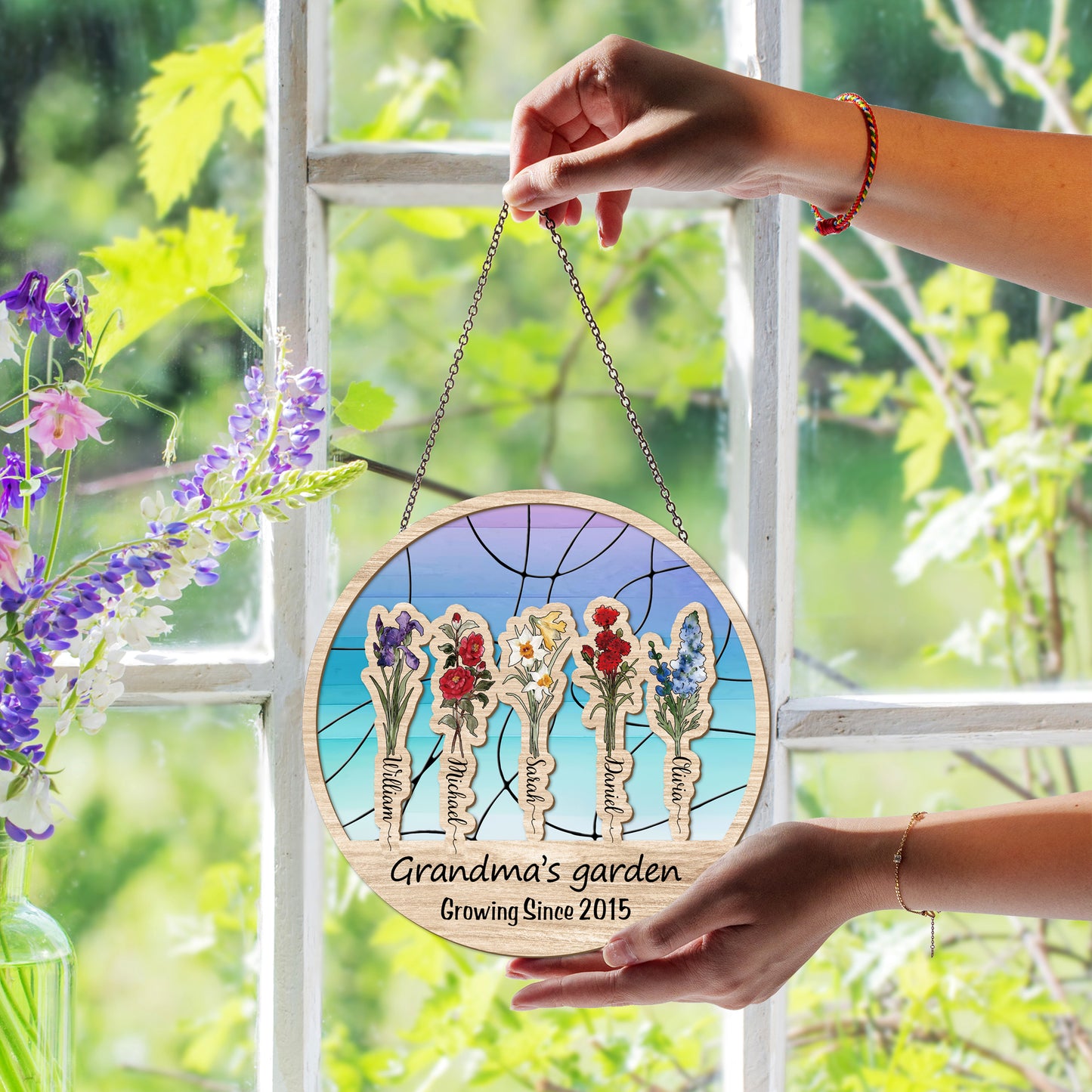 Personalized Grandma’s Garden Hanging Suncatcher, Custom Birth Flower & Name Sign, Gift for Nana (Sun-80)