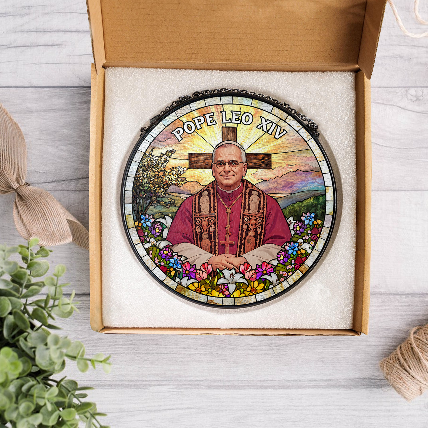 Christian Gift β Pope Leo XIV Glass Suncatcher with Cross and Floral Design β Limited Edition 2025 (Sun-99)