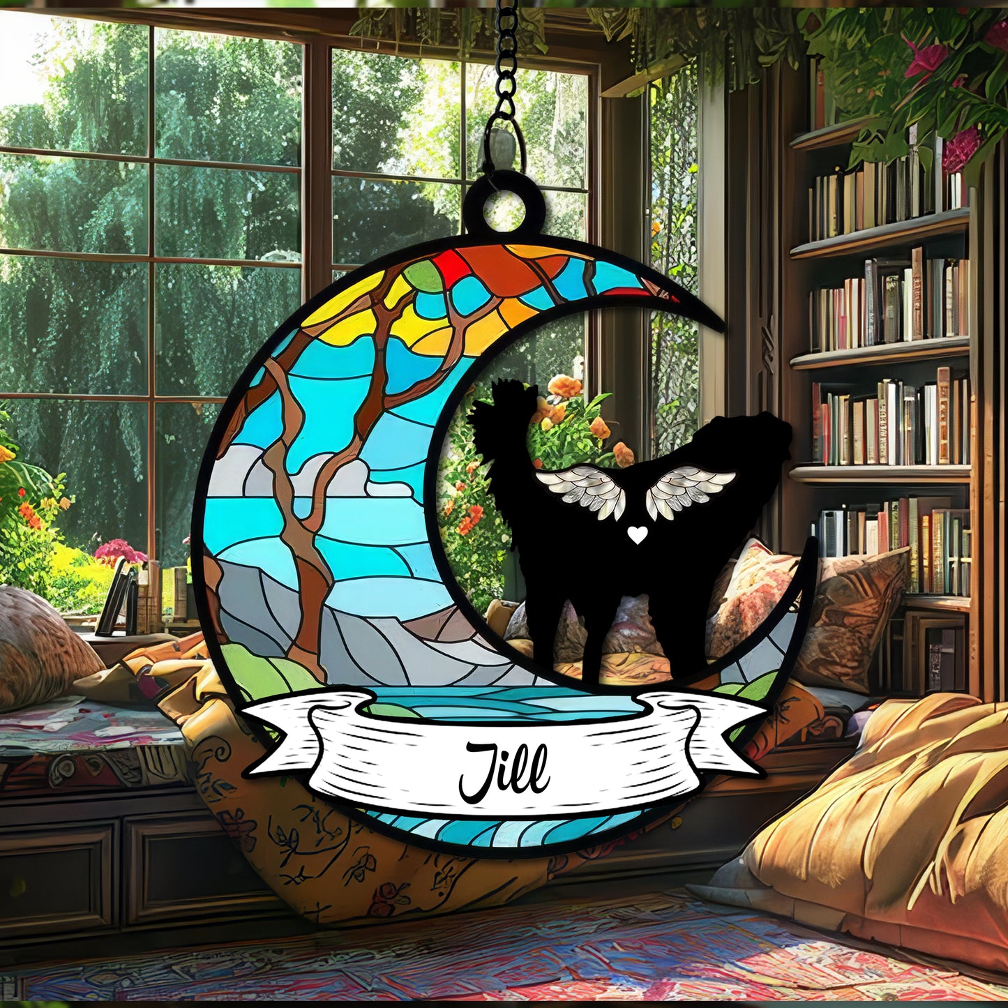 Personalized Pet Memorial Hanging Suncatcher β Crescent Moon with Angel Dog Silhouette, Name Banner, and Fairy Tale Castle Design (H-Sun-28)