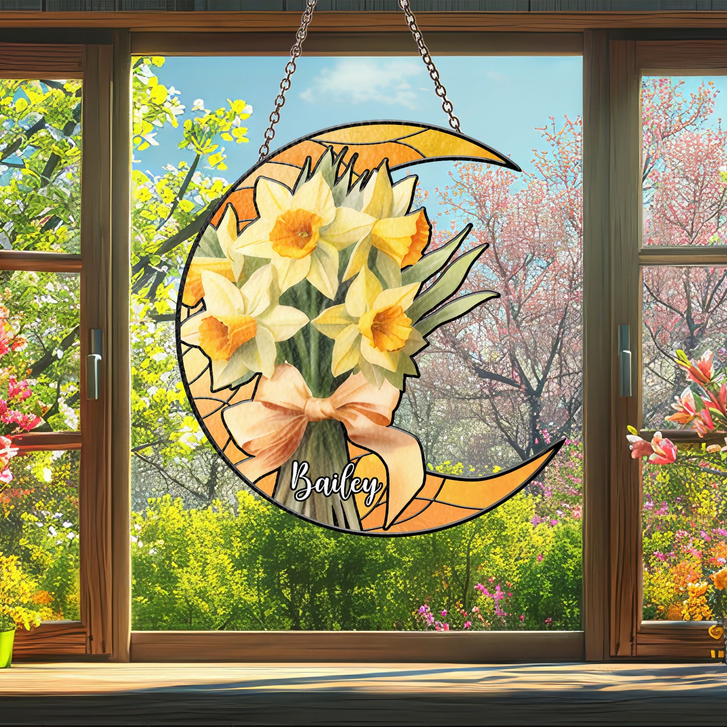 Custom Crescent Moon Glass Suncatcher with Personalized Birth Flowers and Name β Unique Window Decor and Gift for Mother, Mimi, or Nana (Sun-78)