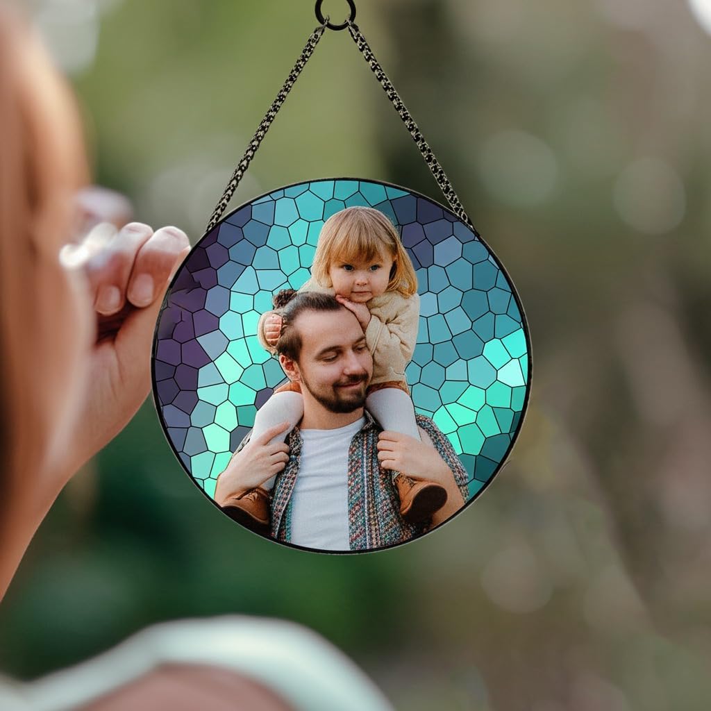 Custom Family Photo to Stained Glass Suncatcher – Unique Father’s Day Gift for Dad or Grandpa – Personalized Window Hanging from Children (Sun-142)