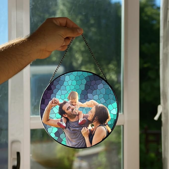 Custom Family Photo to Stained Glass Suncatcher – Unique Father’s Day Gift for Dad or Grandpa – Personalized Window Hanging from Children (Sun-142)