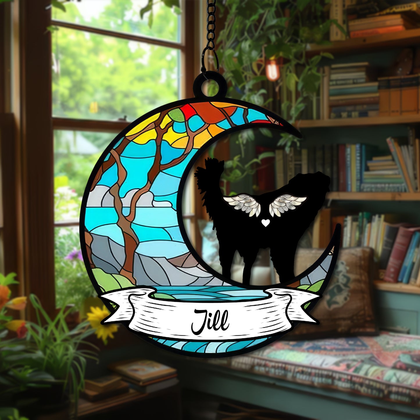 Personalized Pet Memorial Hanging Suncatcher β Crescent Moon with Angel Dog Silhouette, Name Banner, and Fairy Tale Castle Design (H-Sun-28)