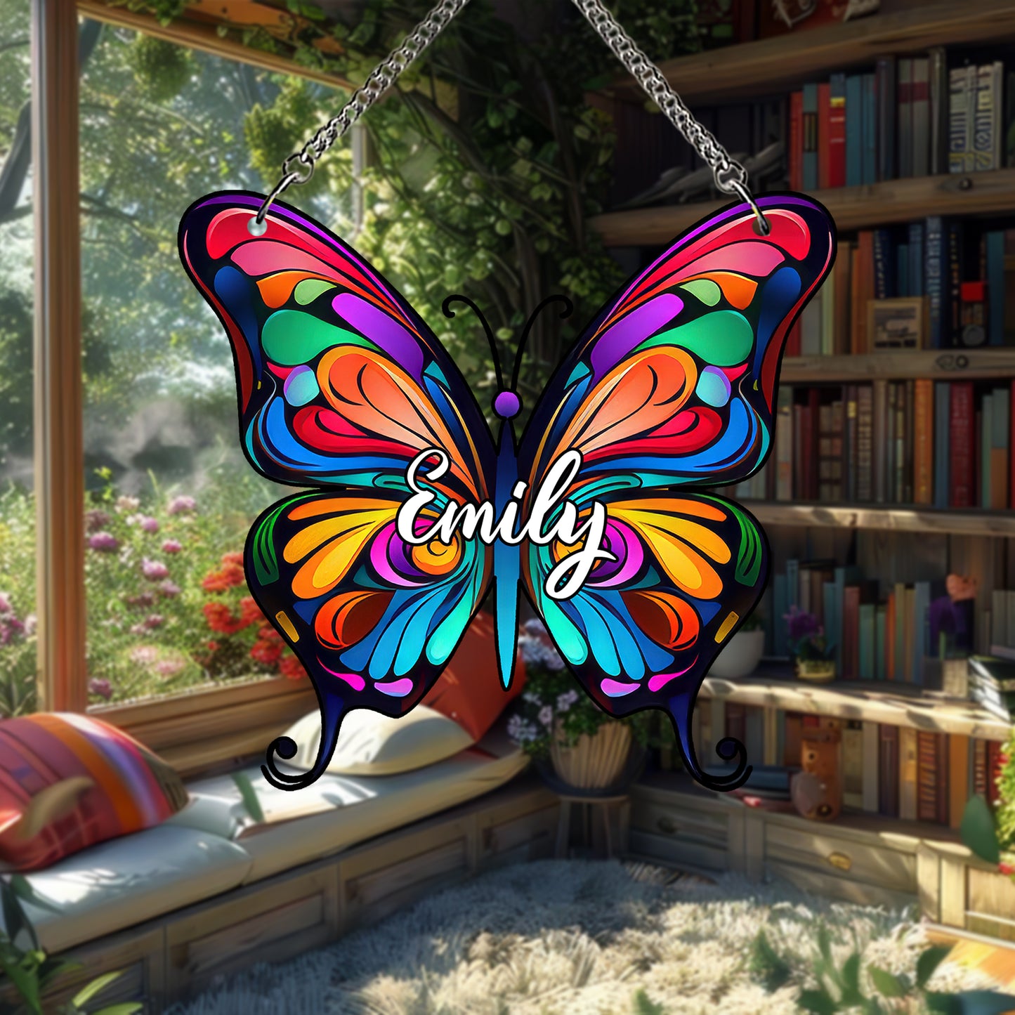 Personalized Butterfly Glass Suncatcher – Custom Name Window Hanging – Stained Glass Style Memorial or Gift for Her (Sun-91)