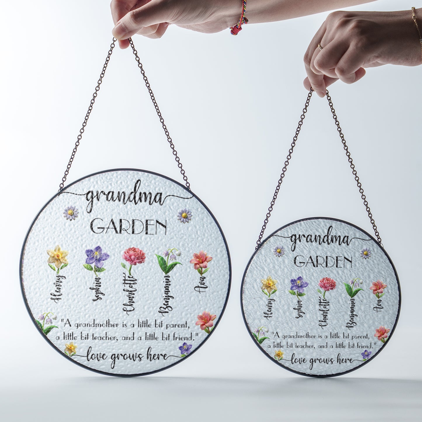 Grandma’s Garden Glass Suncatcher with Custom Names – Floral Window Hanging Sun Catcher – Mother's Day or Birthday Gift for Grandmother (Sun-101)