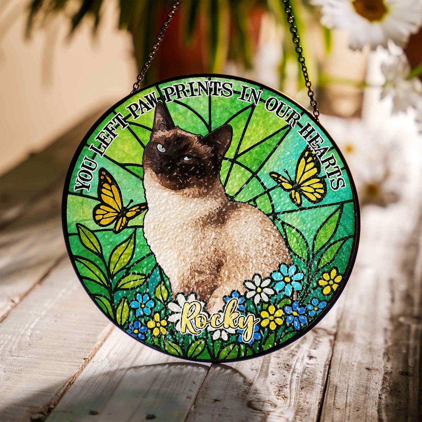 Personalized Pet Memorial Glass Suncatcher, Pet Loss Gift with Custom Name & Quote, "You Left Paw Prints In Our Hearts" Window Hanging (Sun-122)