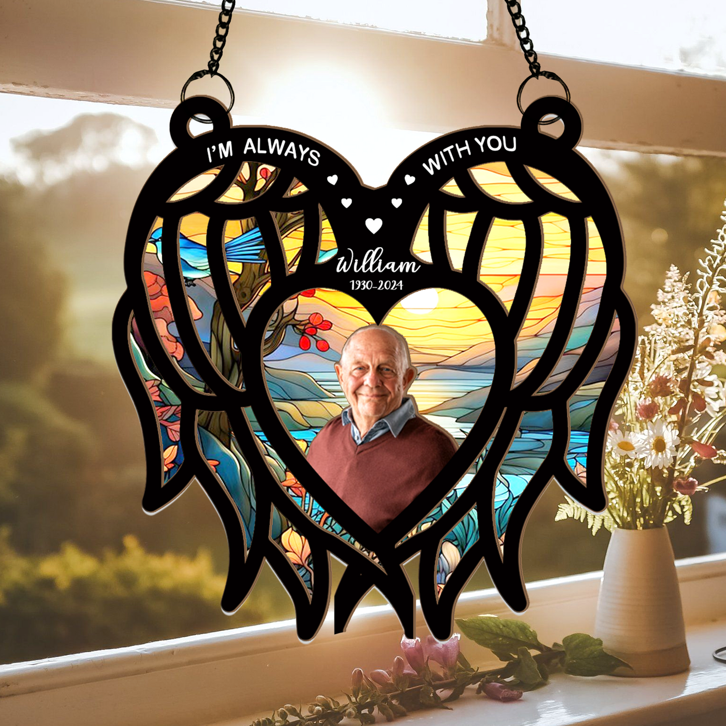 Personalized Memorial Hanging Suncatcher β Angel Wings Heart Design with Photo for Loss of Loved One (H-Sun-19)