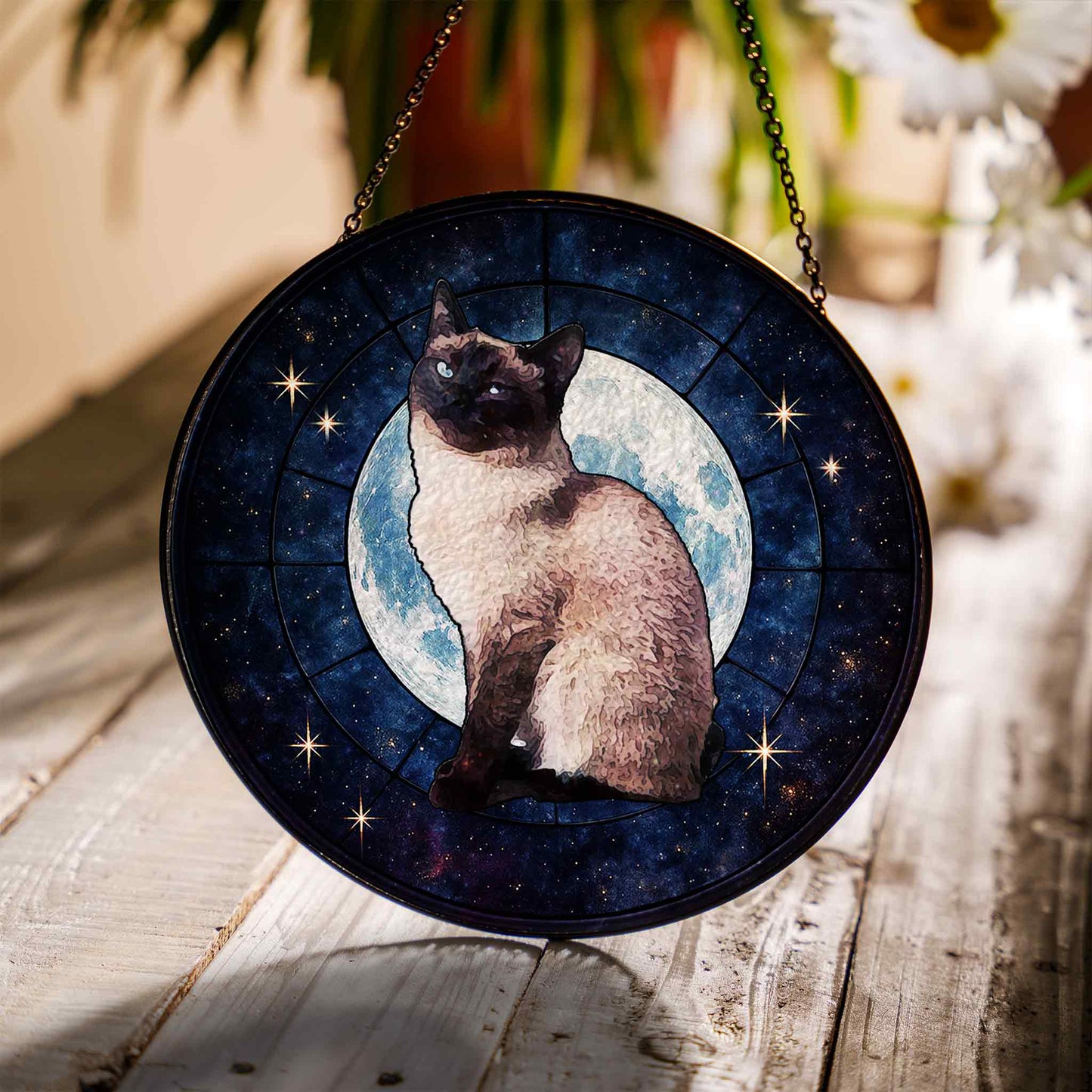 Cat Glass Ornaments, Paradise Cat Window Ornaments, Stained Glass Moon and Star Ornaments, Gifts for Cat Lovers (Sun-107)