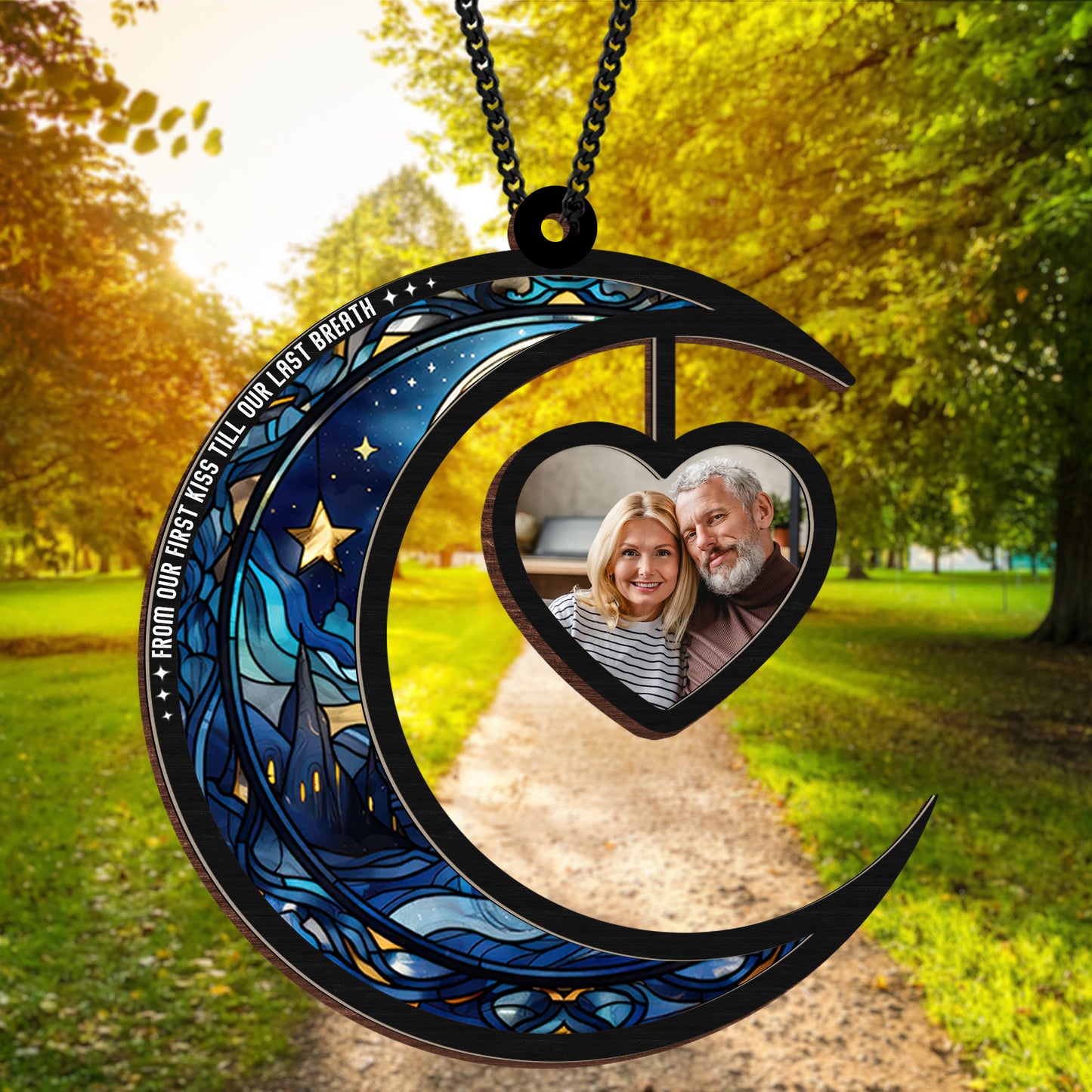 Personalized Hanging Suncatcher Moon and Heart β Custom Couple Photo Ornament β Romantic Stained Hanging Gift (Sun-105)