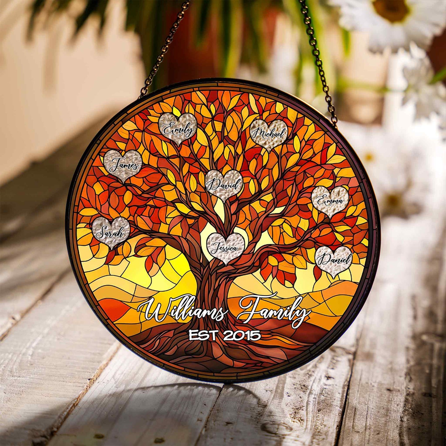 Custom Family Tree Glass Suncatcher β Personalized Stained Glass Style Window Hanging with Names & Established Year (Sun-109)
