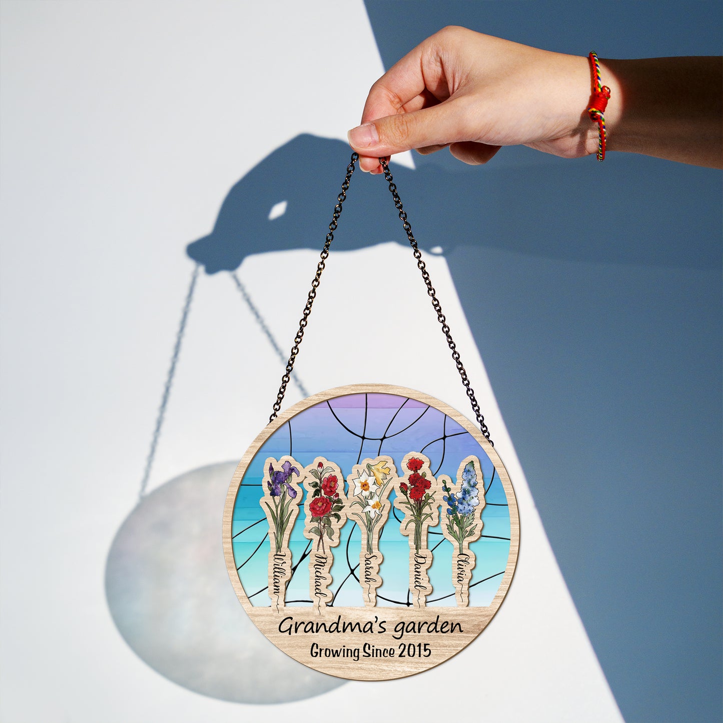 Personalized Grandma’s Garden Hanging Suncatcher, Custom Birth Flower & Name Sign, Gift for Nana (Sun-80)