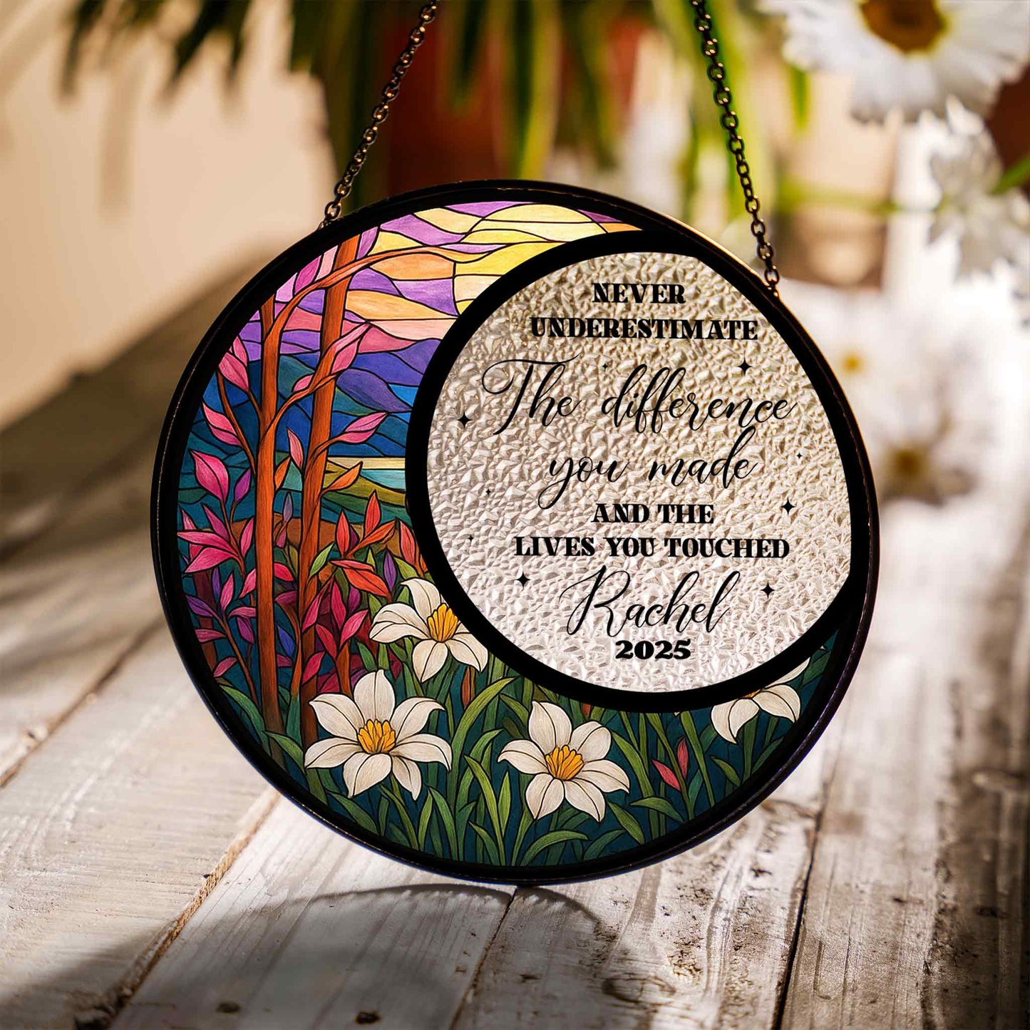 Personalized Inspirational Glass Suncatcher, Retirement Gift for Teacher or Mentor, Never Underestimate the Difference Quote, Custom Name and Year (Sun-108)