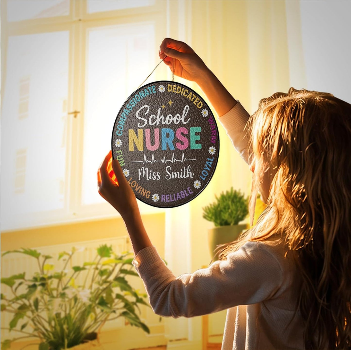 Custom School Nurse Stained Glass Window Sign, Teacher or Healthcare Staff Gift,Classroom, Hospital, or Nursery Decor, Perfect for Back to School or Appreciation Week (Sun-141)