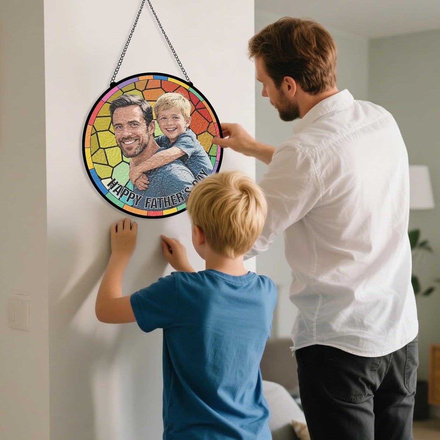 Personalized Stained Glass Suncatcher, Custom Gifts for Fathers Day, Photo Family Portrait Window Ornament, Heartfelt Gifts with Picture for Dad Grandpa Husband (Sun-137)