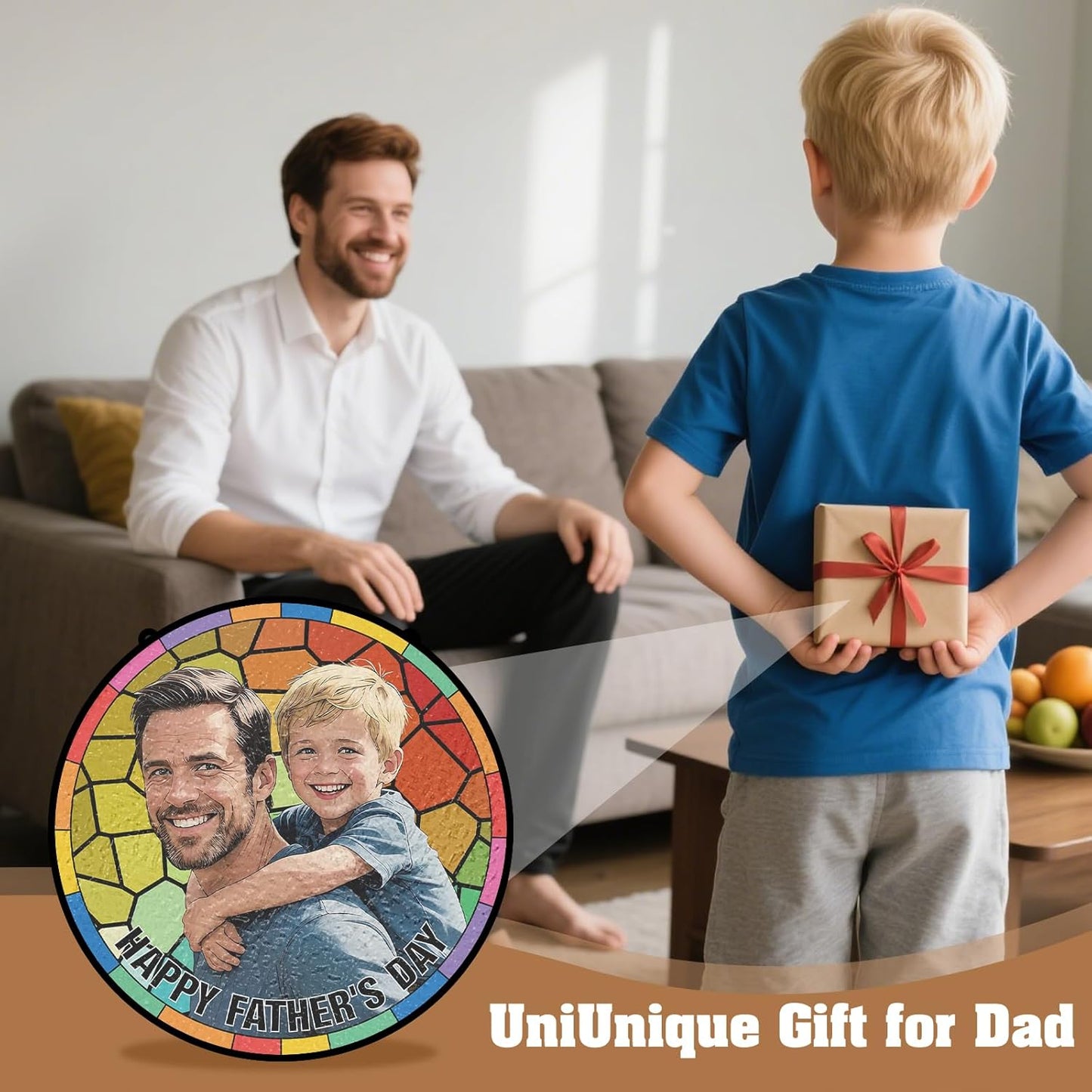 Personalized Stained Glass Suncatcher, Custom Gifts for Fathers Day, Photo Family Portrait Window Ornament, Heartfelt Gifts with Picture for Dad Grandpa Husband (Sun-137)