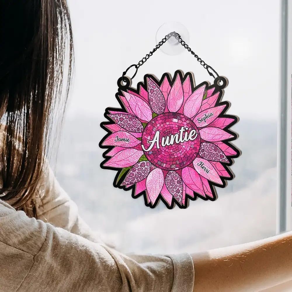 Gift for Mother, Personalized Window Hanging Suncatcher Ornament, Nana Auntie Mom Family, Sunflower Window Hanging (H-Sun-06)