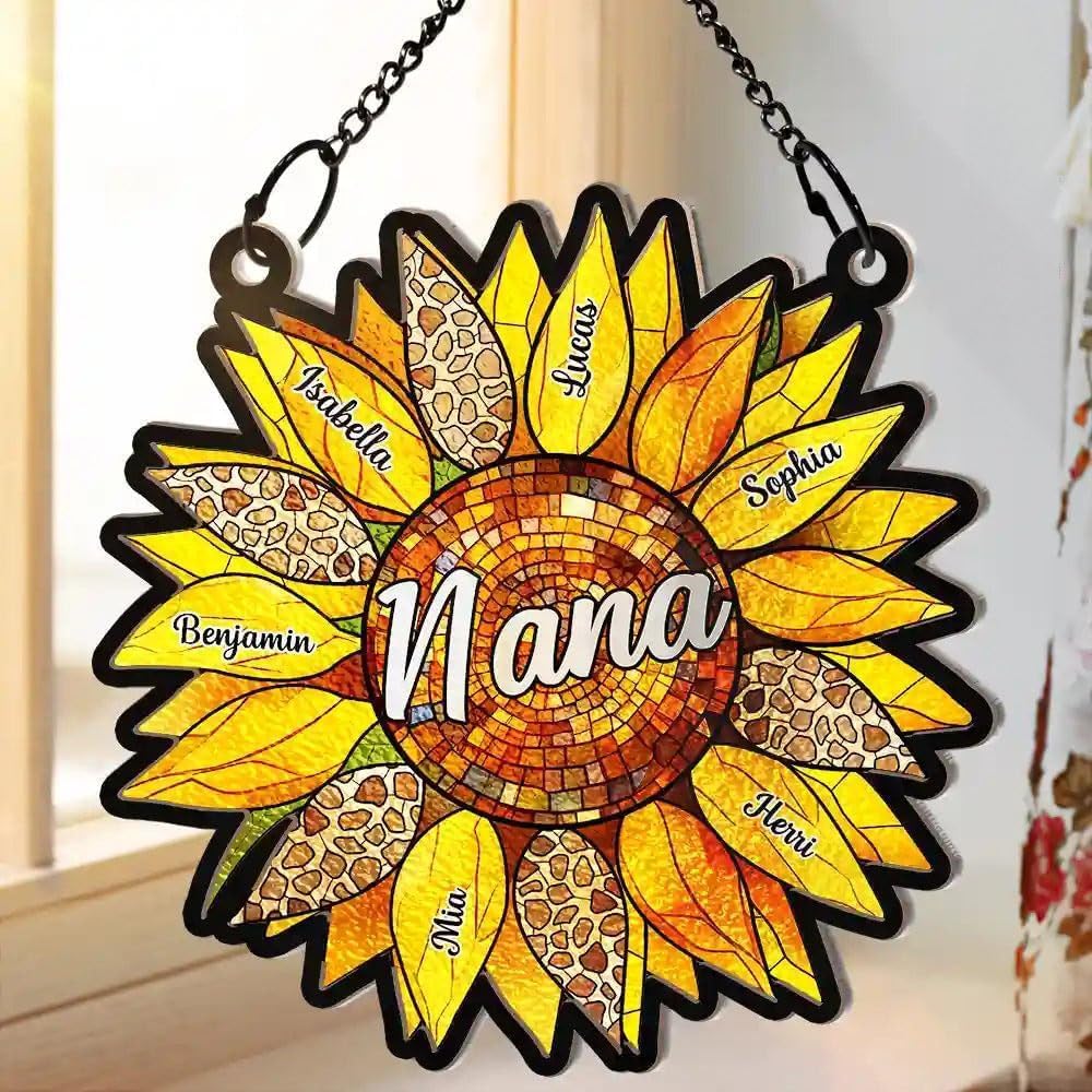 Gift for Mother, Personalized Window Hanging Suncatcher Ornament, Nana Auntie Mom Family, Sunflower Window Hanging (H-Sun-06)