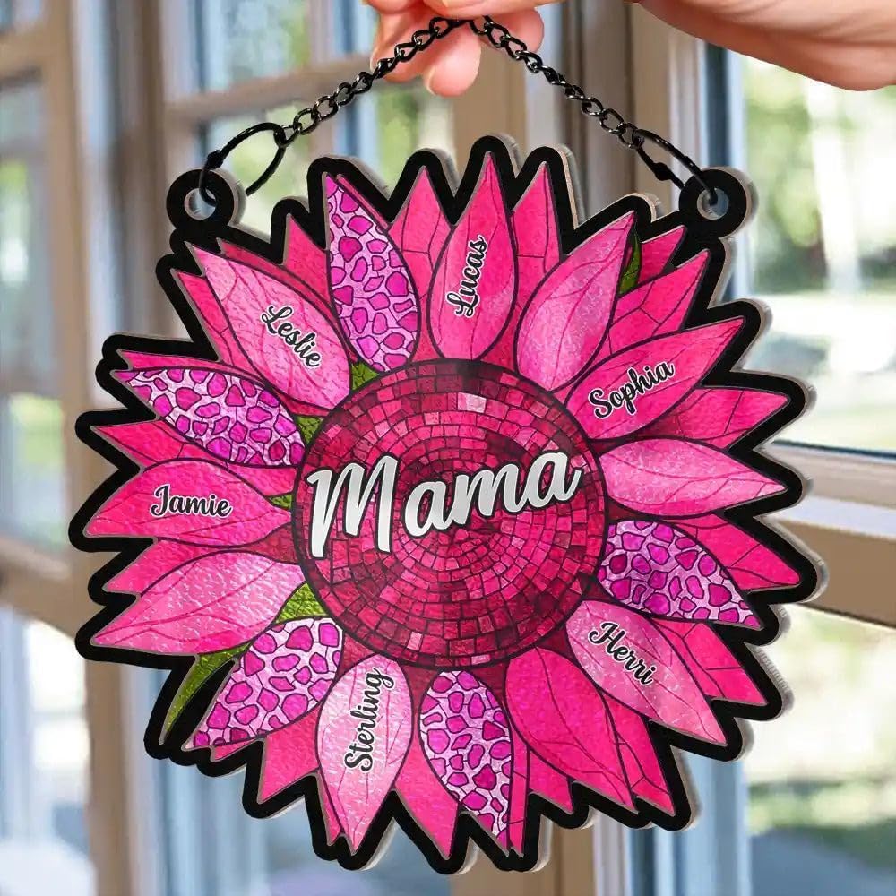 Gift for Mother, Personalized Window Hanging Suncatcher Ornament, Nana Auntie Mom Family, Sunflower Window Hanging (H-Sun-06)