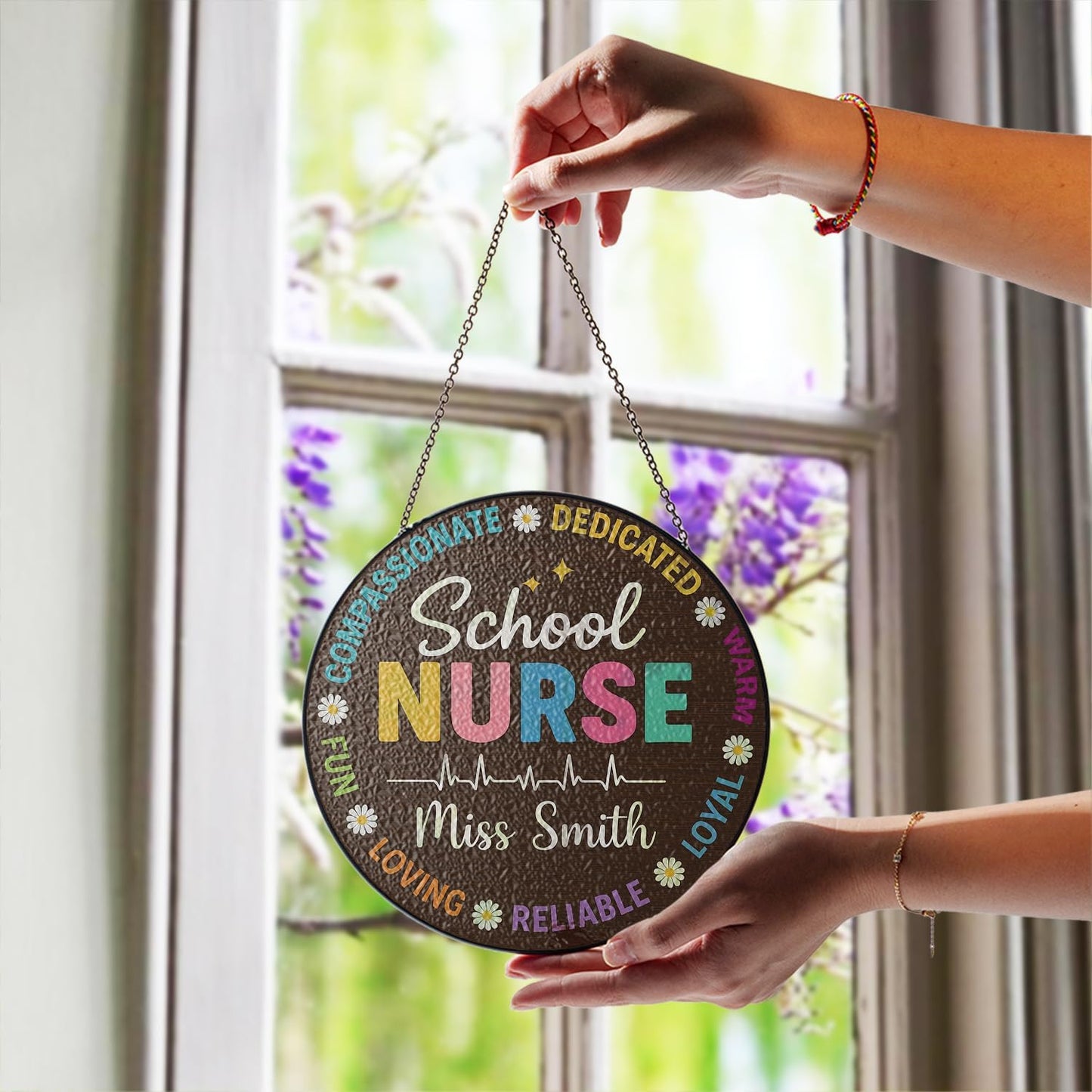 Custom School Nurse Stained Glass Window Sign, Teacher or Healthcare Staff Gift,Classroom, Hospital, or Nursery Decor, Perfect for Back to School or Appreciation Week (Sun-141)