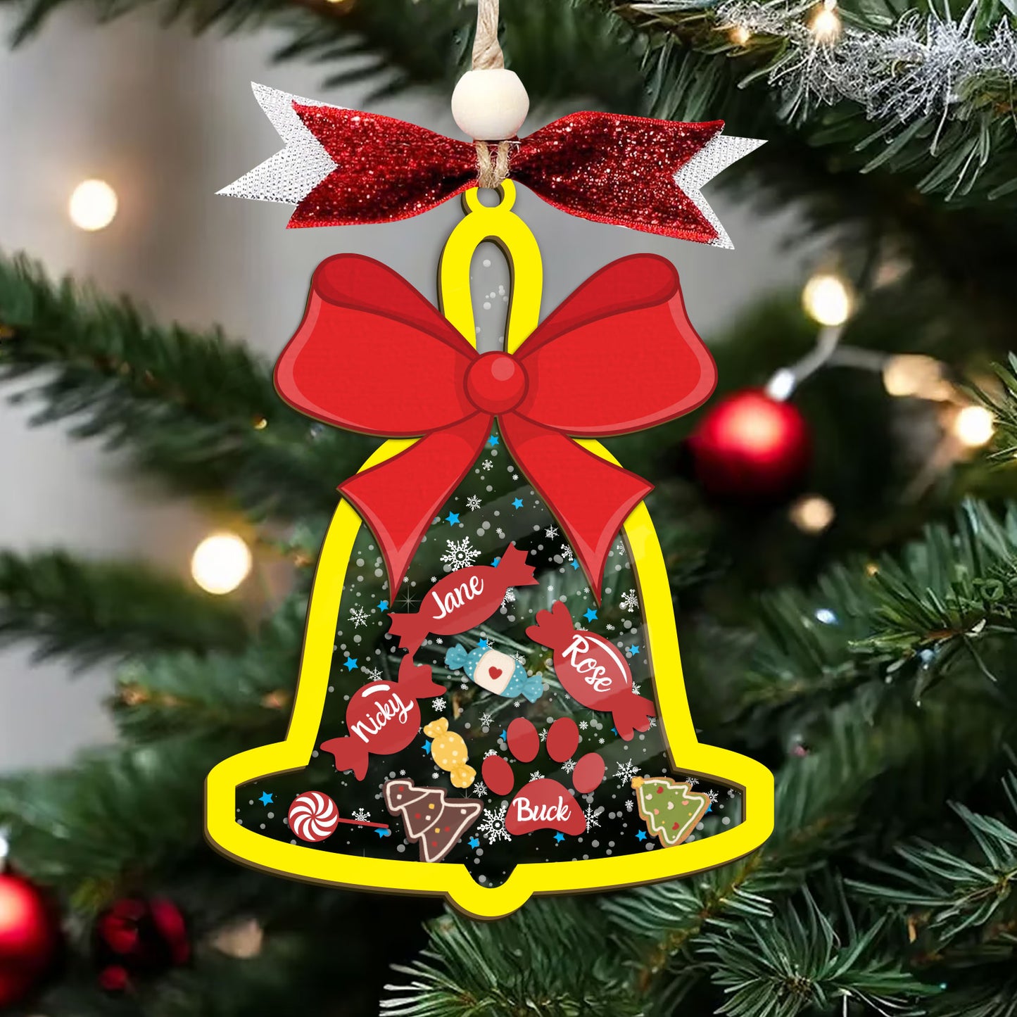 Personalized Bell Family Shaker Ornament - Custom Christmas Ornament with Candy, Gingerbread, Paw Prints, Christmas Trees