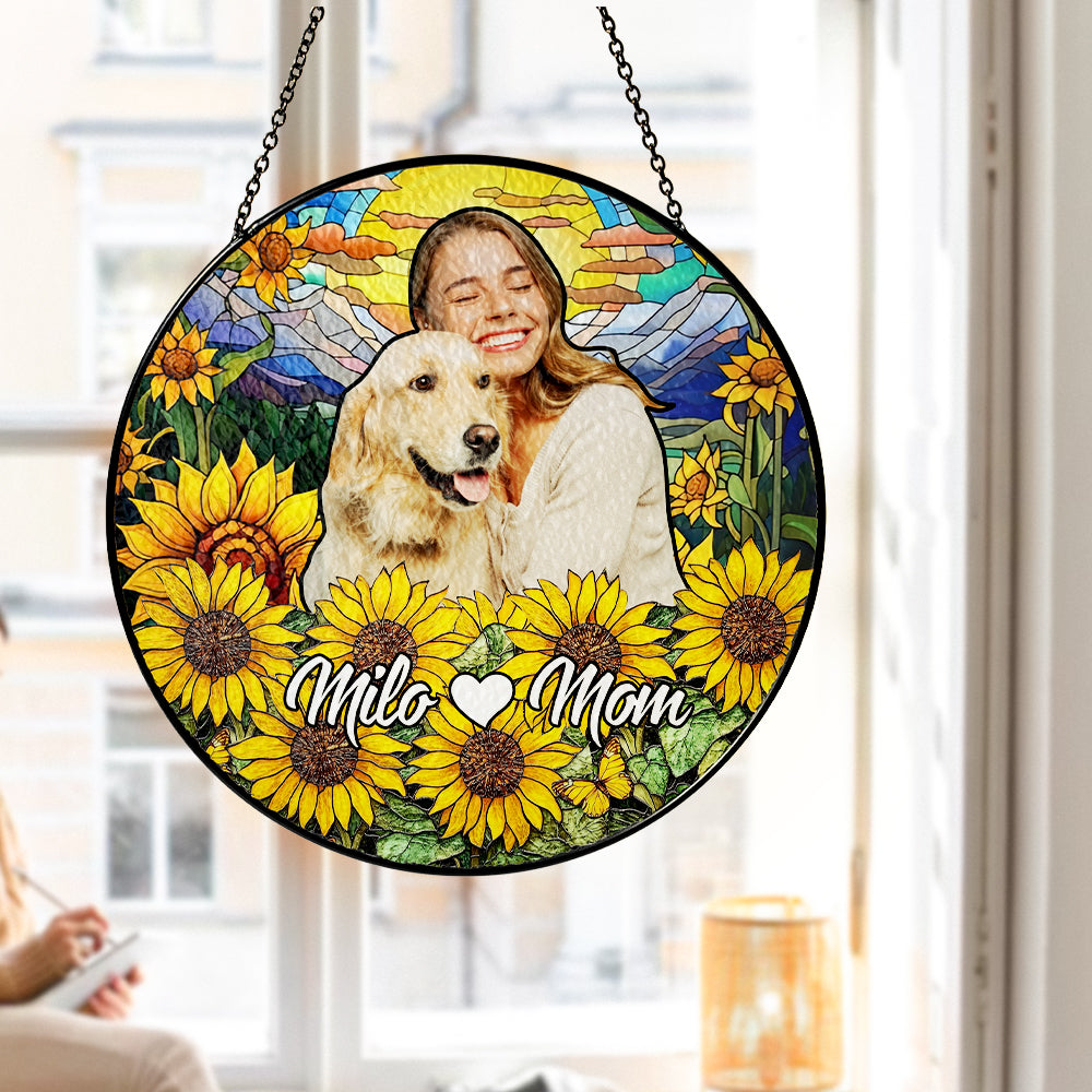 Custom Glass Suncatcher Featuring Pet and Owner β A Personalized Sunlit Tribute for Remembering a Beloved Furry Companion (Sun-68)