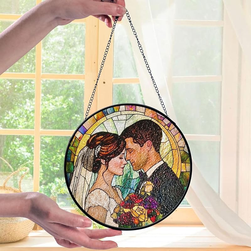 Personalized Couples Photo Faux Stained Glass Suncatcher, Wedding Photo Glass Suncatcher, Anniversary Gift, Wedding Gift (Sun-138)