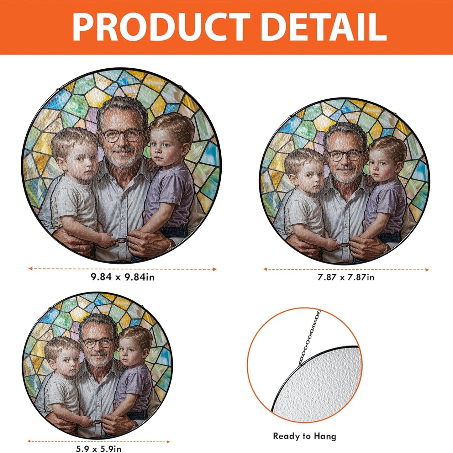 Personalized Dad Stained Glass Suncatcher, Photo Family Portrait Faux Window Hanging Ornament, Custom Photo Gift for Dad from Son Daughter (Sun-136)