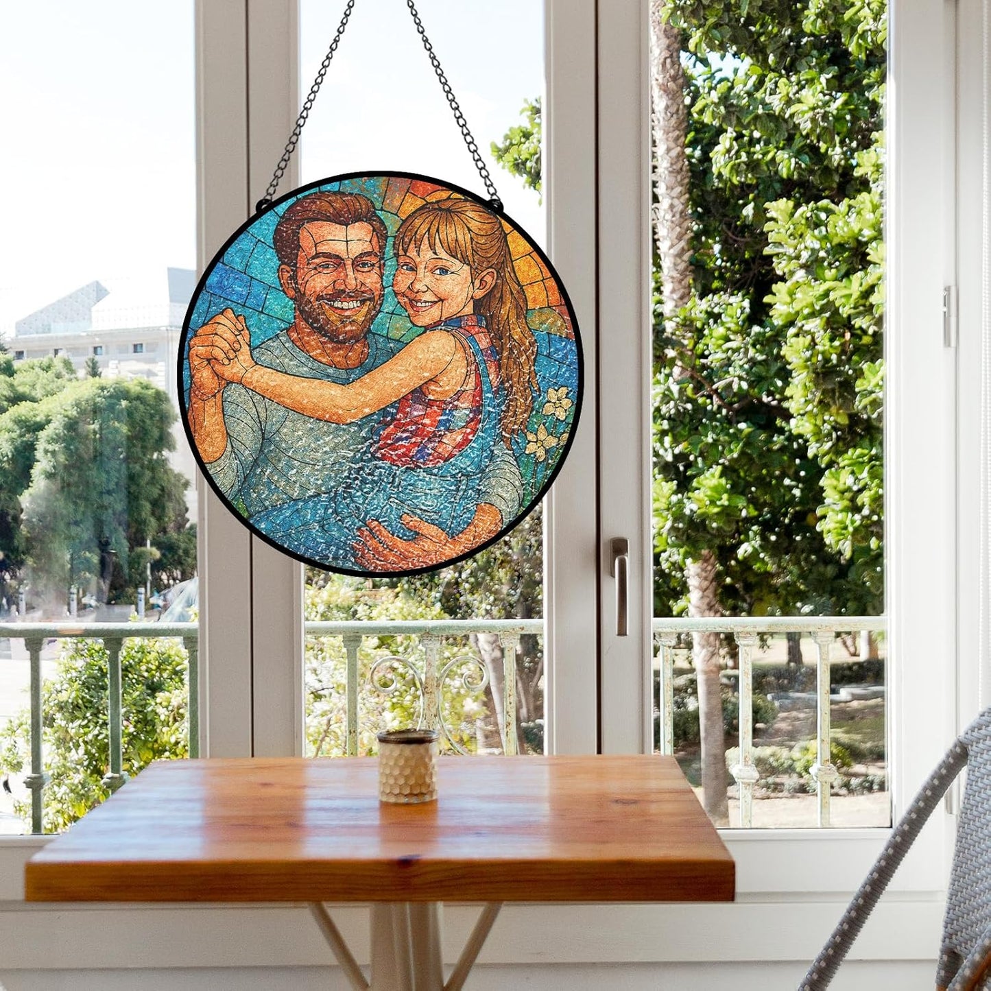 Personalized Photo Stained Glass Suncatcher, Custom Family Portrait Window Hanging Ornament, Picture Window Suncatcher Home Decoration, Grandpa Father Gifts (Sun-135)