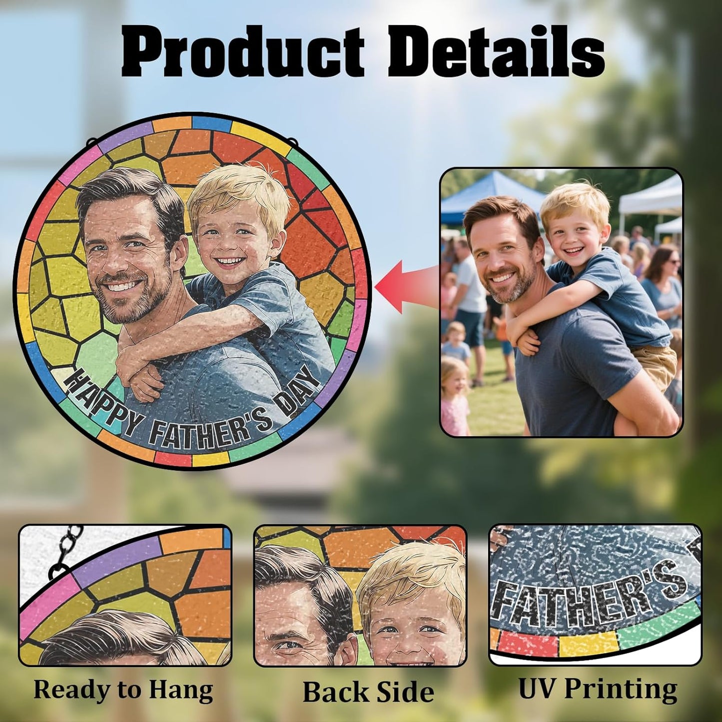 Personalized Stained Glass Suncatcher, Custom Gifts for Fathers Day, Photo Family Portrait Window Ornament, Heartfelt Gifts with Picture for Dad Grandpa Husband (Sun-137)