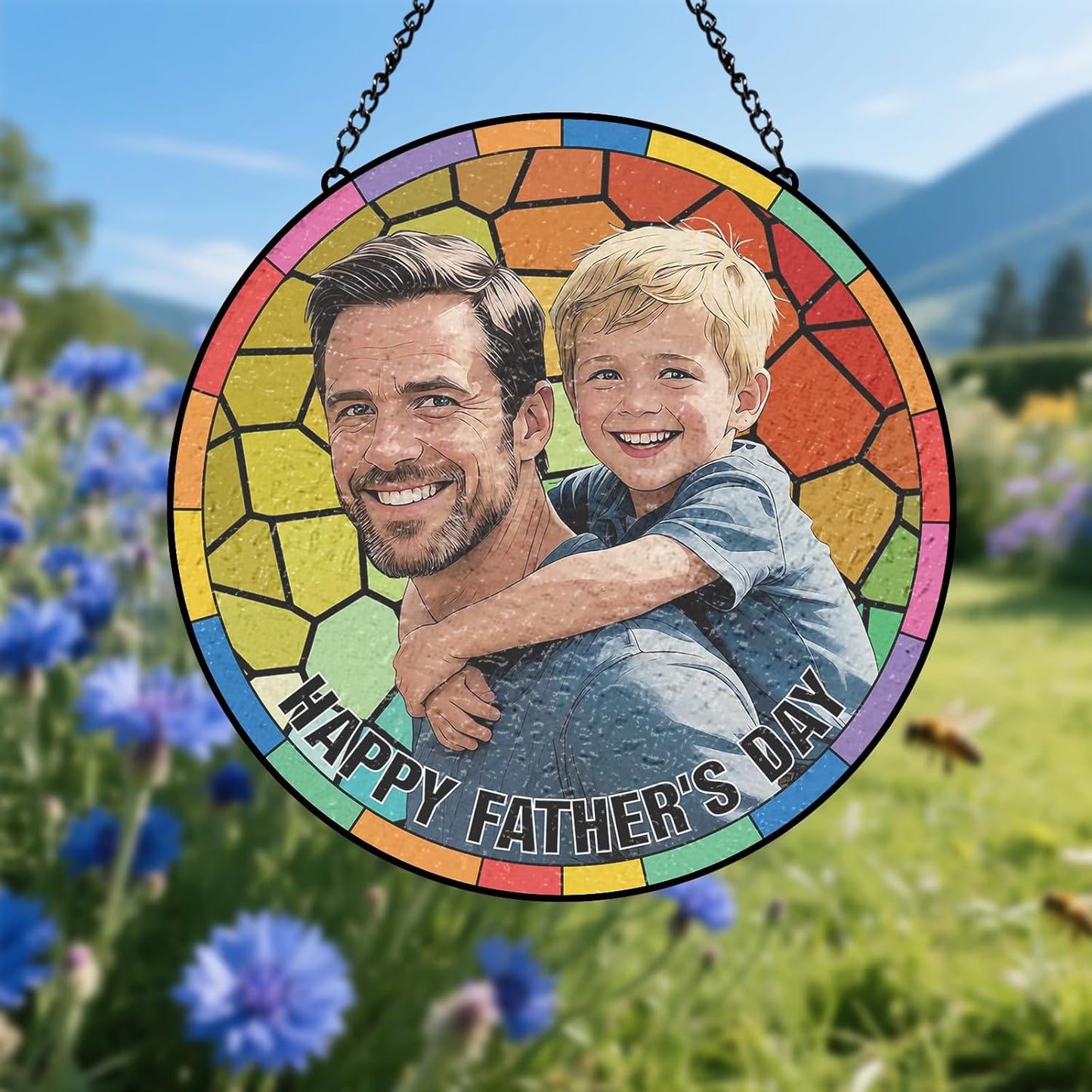Personalized Stained Glass Suncatcher, Custom Gifts for Fathers Day, Photo Family Portrait Window Ornament, Heartfelt Gifts with Picture for Dad Grandpa Husband (Sun-137)