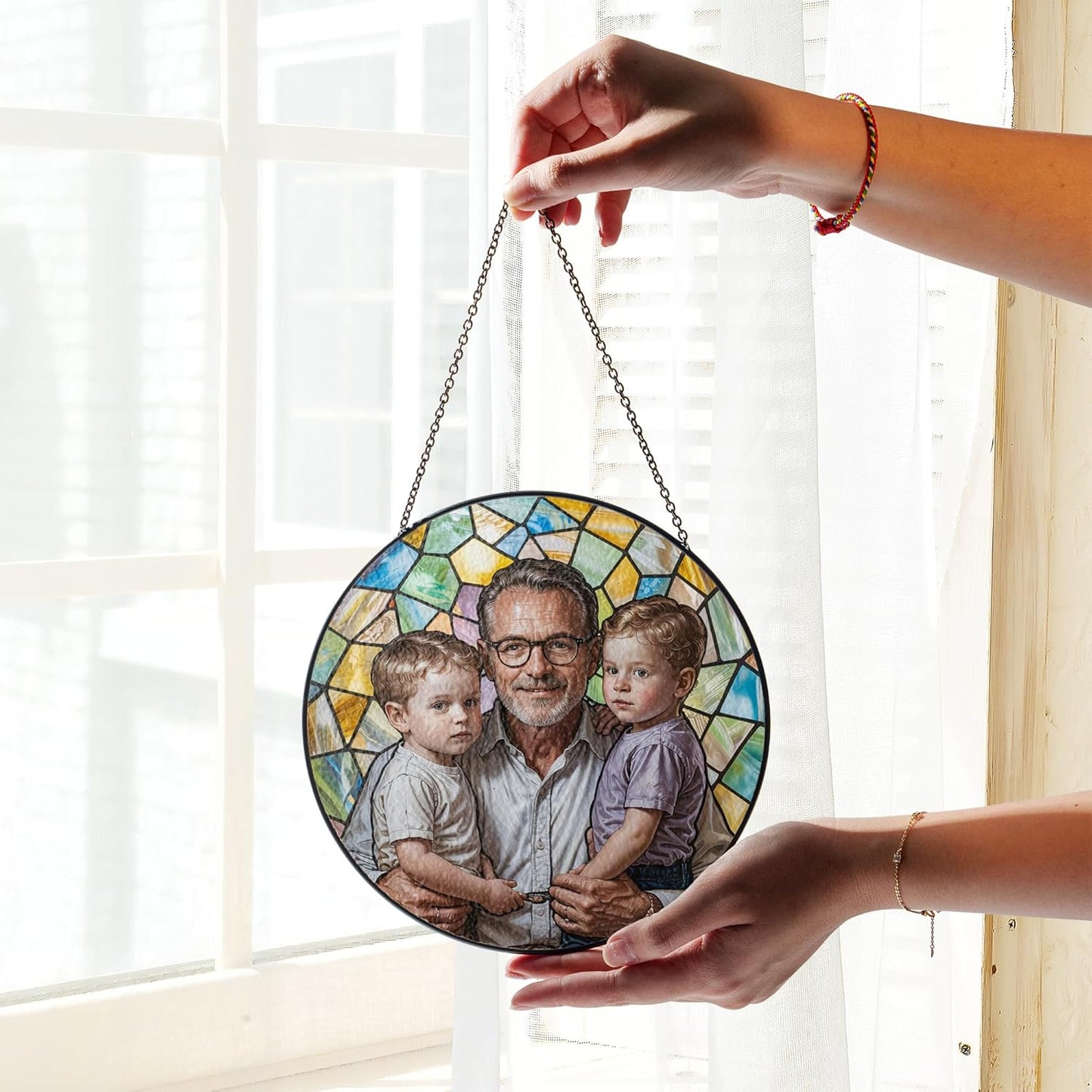 Personalized Dad Stained Glass Suncatcher, Photo Family Portrait Faux Window Hanging Ornament, Custom Photo Gift for Dad from Son Daughter (Sun-136)