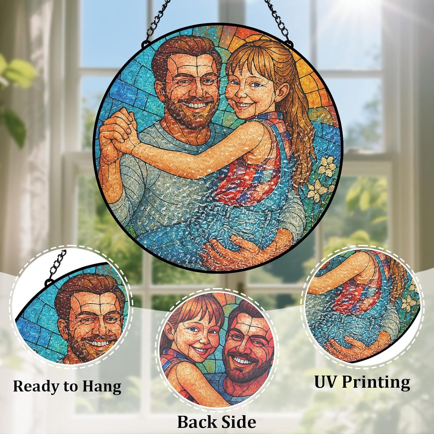 Personalized Photo Stained Glass Suncatcher, Custom Family Portrait Window Hanging Ornament, Picture Window Suncatcher Home Decoration, Grandpa Father Gifts (Sun-135)