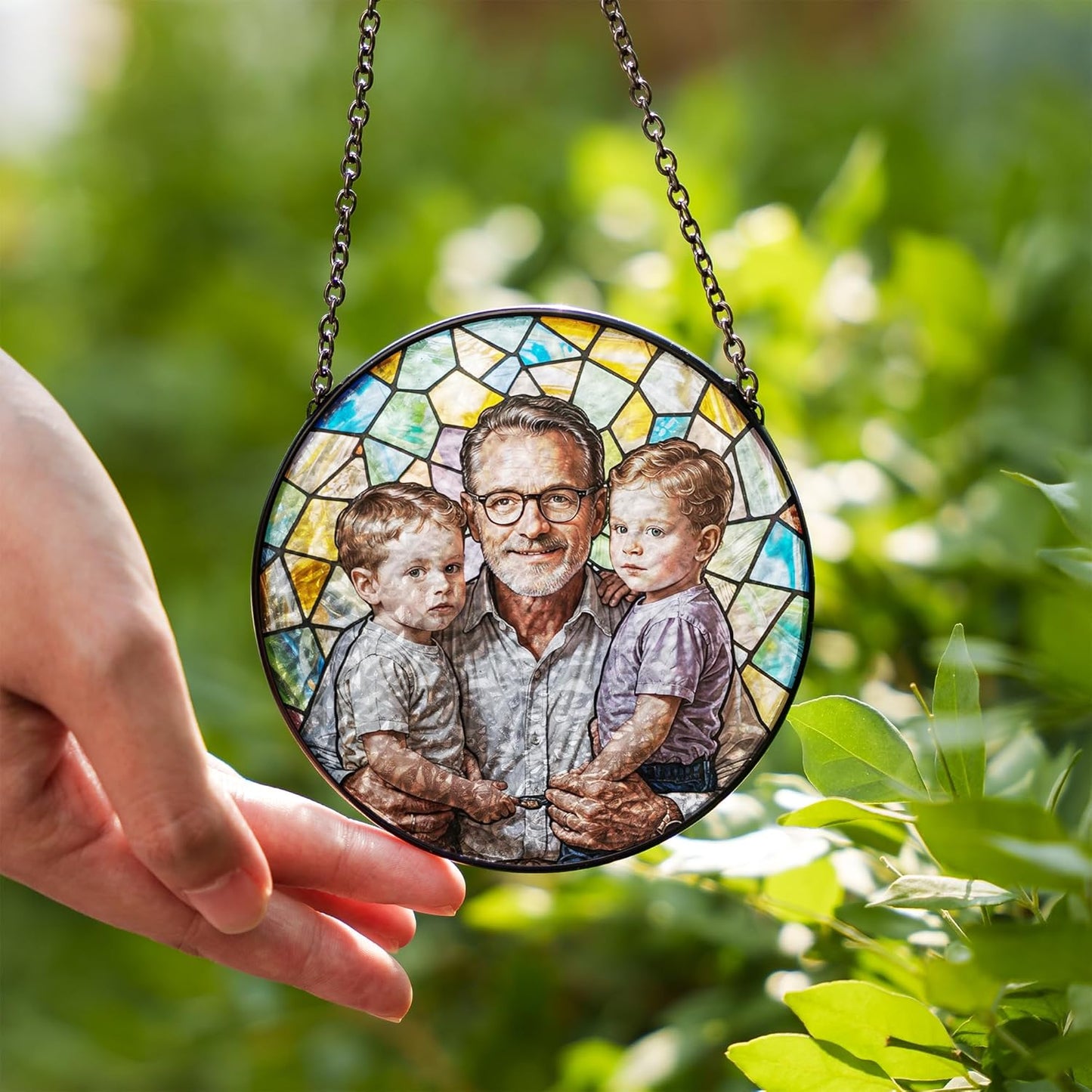 Personalized Dad Stained Glass Suncatcher, Photo Family Portrait Faux Window Hanging Ornament, Custom Photo Gift for Dad from Son Daughter (Sun-136)