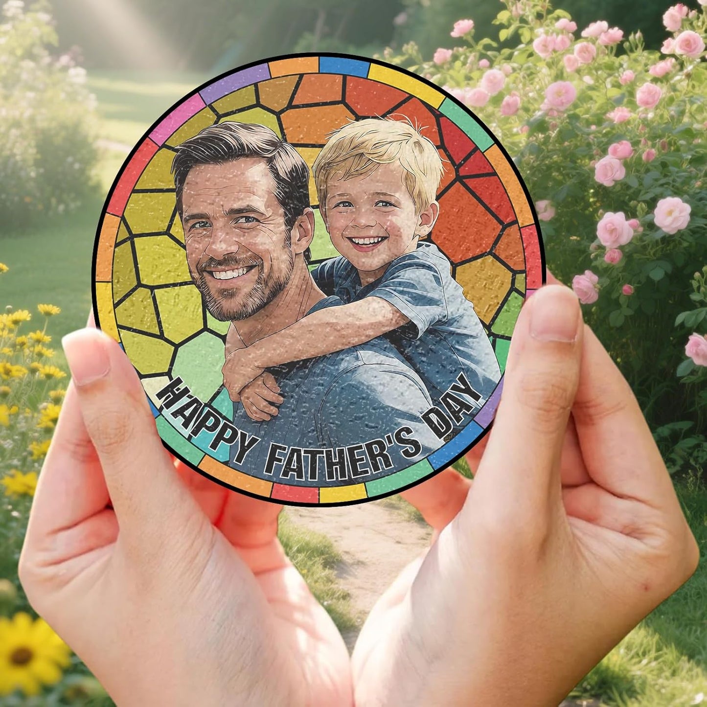 Personalized Stained Glass Suncatcher, Custom Gifts for Fathers Day, Photo Family Portrait Window Ornament, Heartfelt Gifts with Picture for Dad Grandpa Husband (Sun-137)