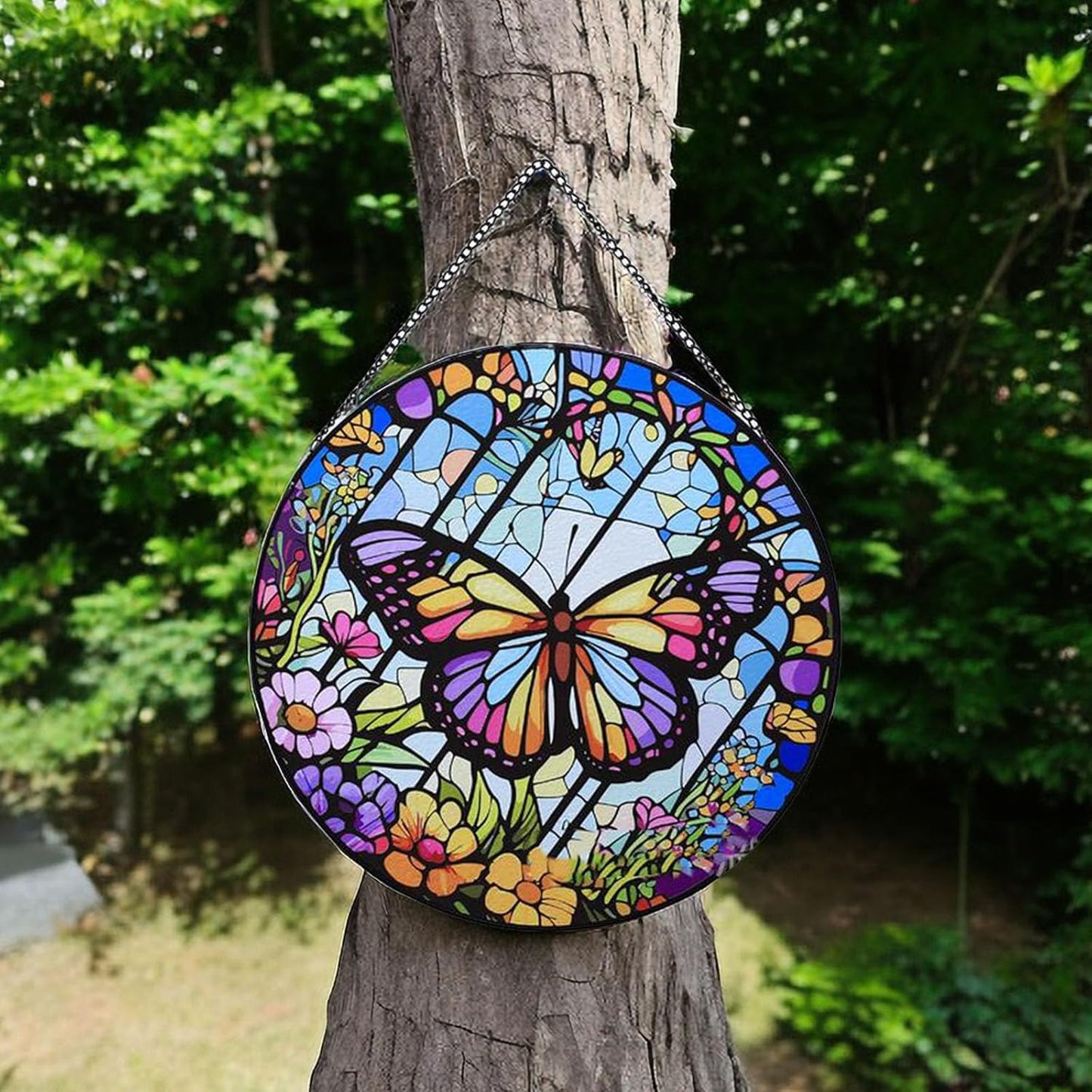 Colored Glass Suncatcher Butterfly Glass Pendant - Circular High End Color Accessories for Bedroom and Living Room (Sun-52)